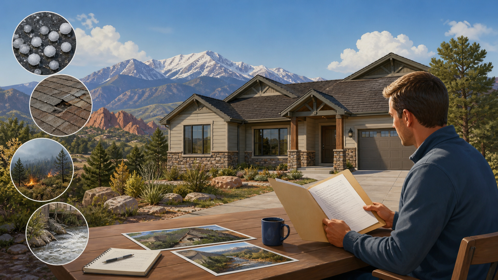 Editorial illustration of a Colorado Springs homebuyer reviewing insurance considerations including hail, roof condition, wildfire, and water risk