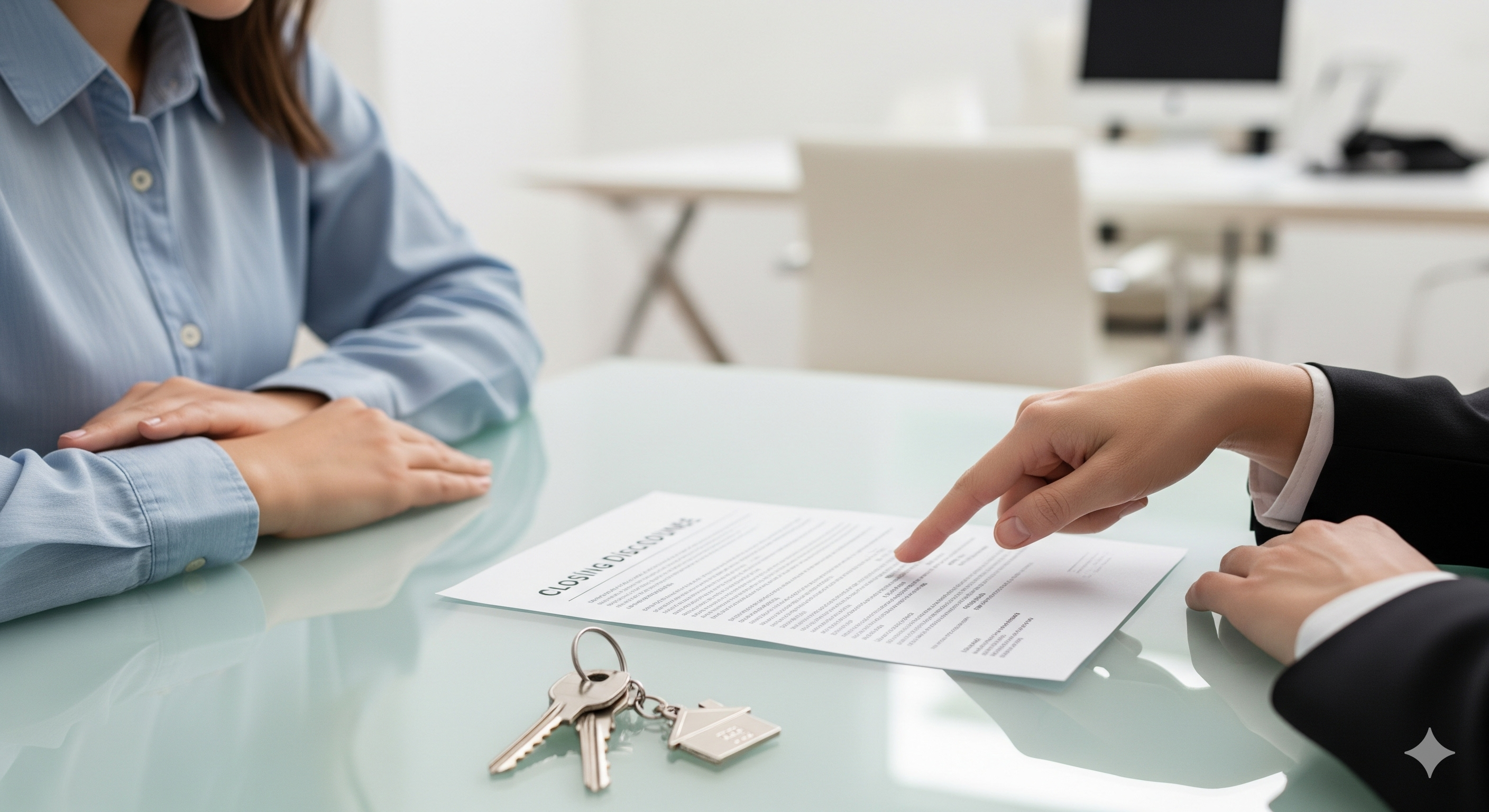 A home buyer at a closing table in New York reviewing their closing disclosure with a professional, highlighting the final costs.