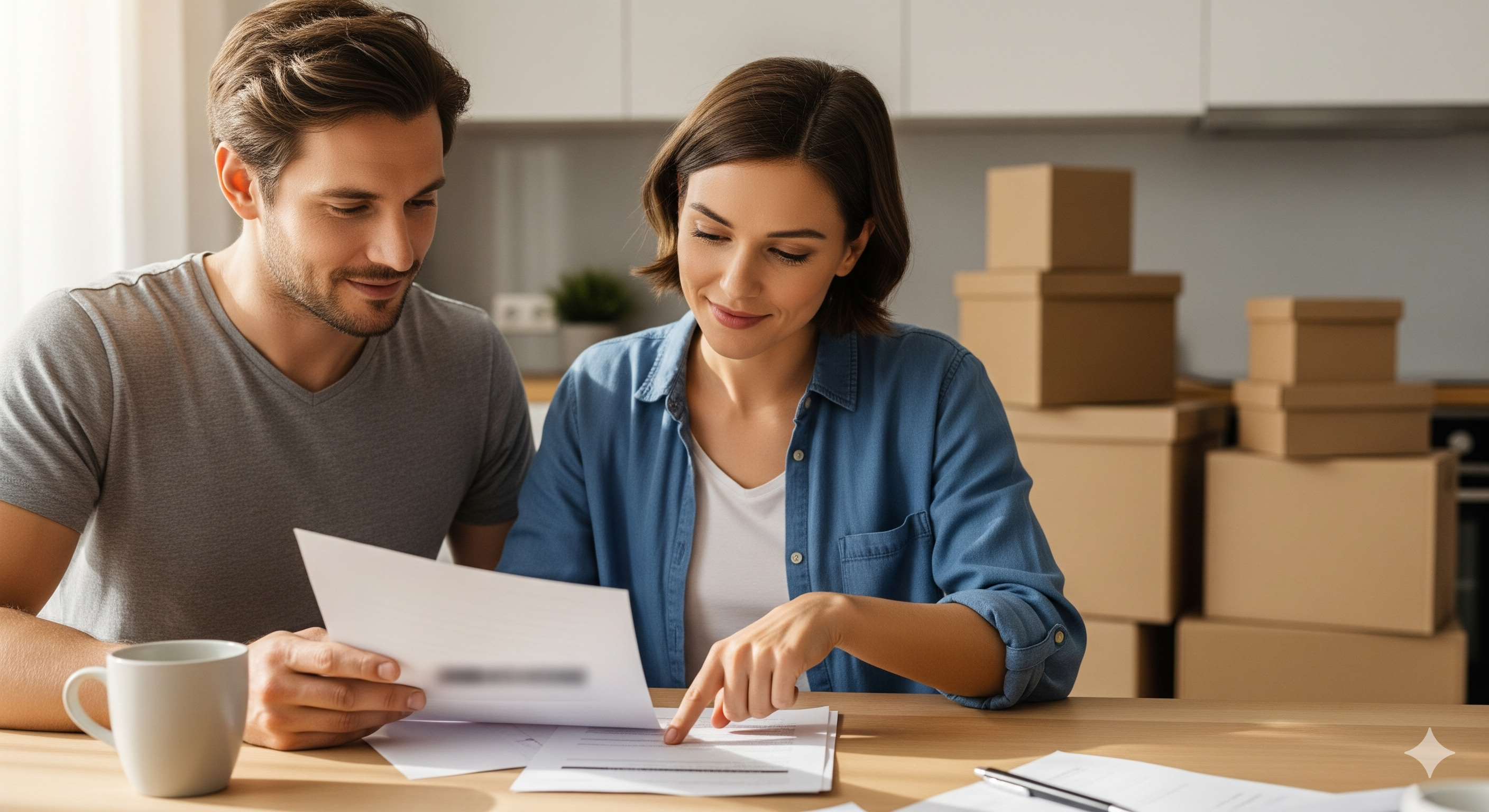 A couple smiles with relief while reviewing their seller closing costs, feeling confident and prepared for their home sale in New York.