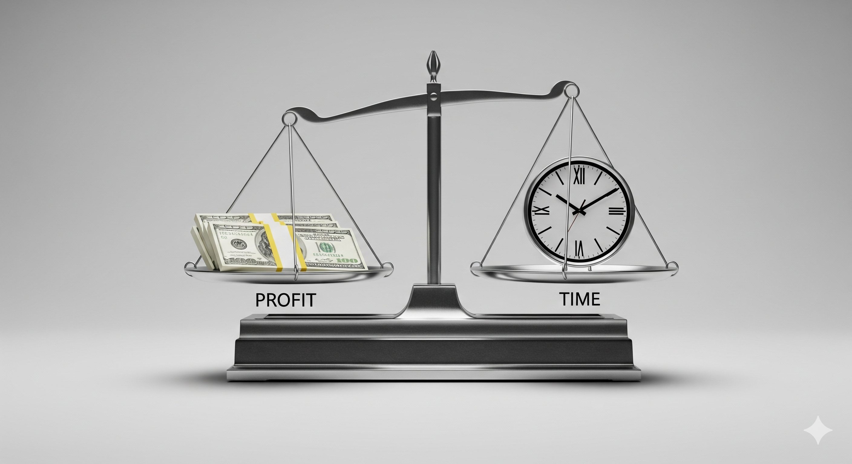 A balanced scale weighing money against a clock, symbolizing the pros and cons of hiring a property manager in the Hudson Valley.