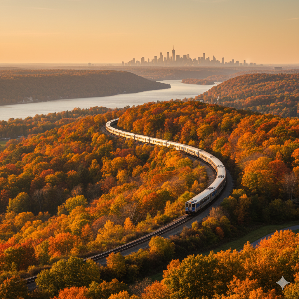 A Metro-North train traveling through the beautiful Hudson Valley with the NYC skyline in the distance, symbolizing the region's blend of charm and city access.