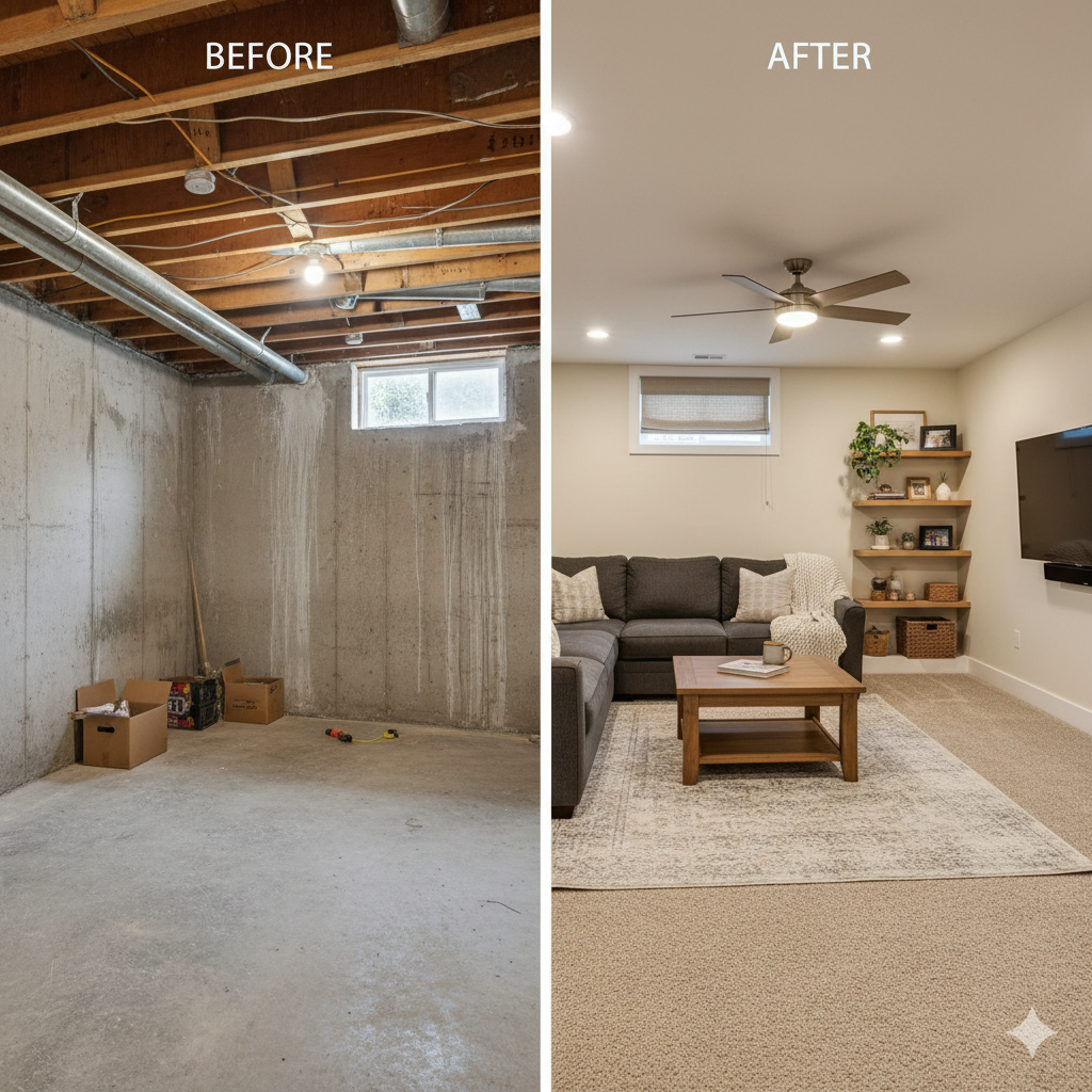 A before and after photo of a basement renovation, showing the value and cost of finishing a basement in a Hudson Valley home.
