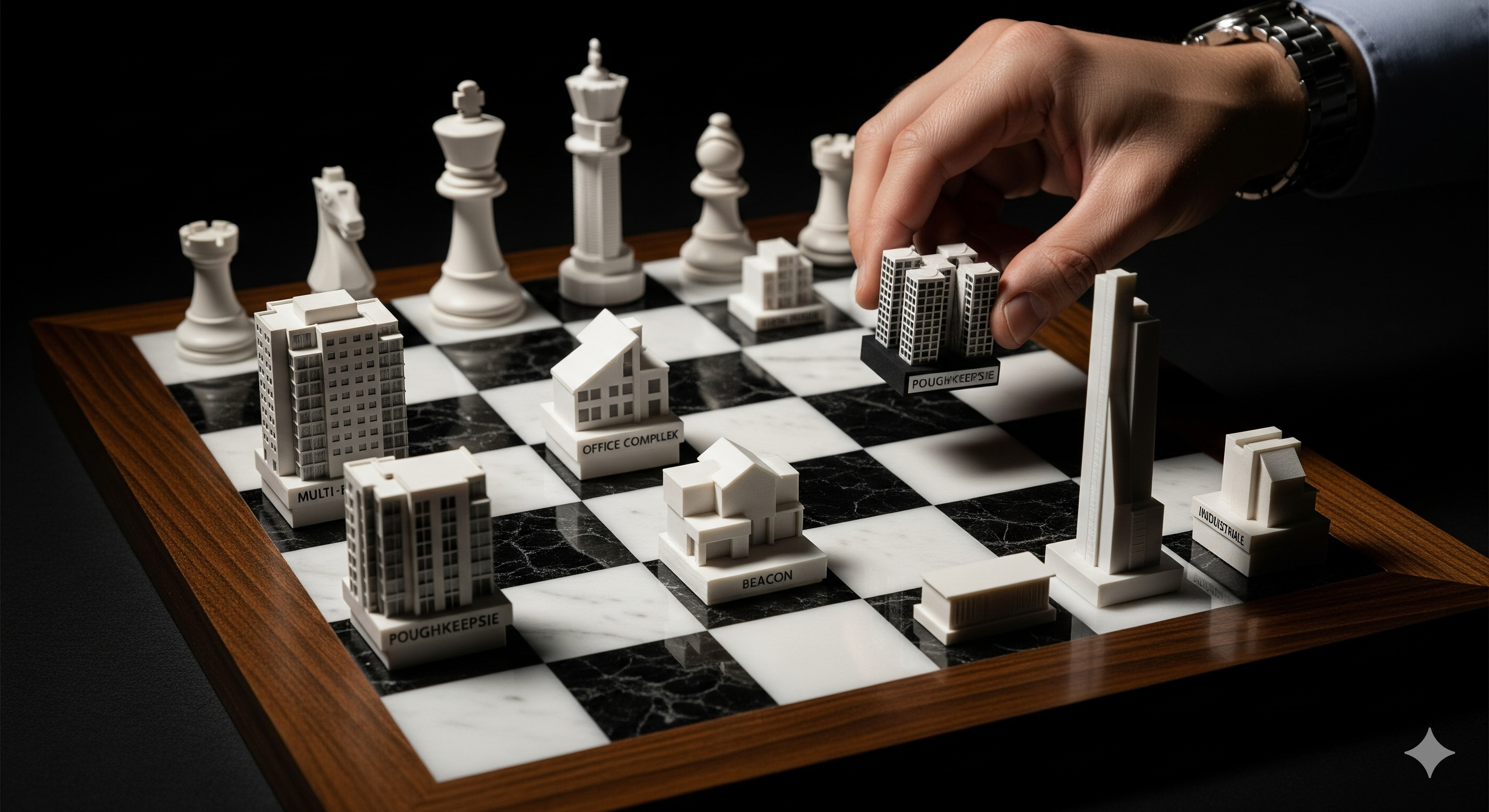  A chessboard with real estate pieces representing Hudson Valley towns, symbolizing the strategic moves of a savvy investor.