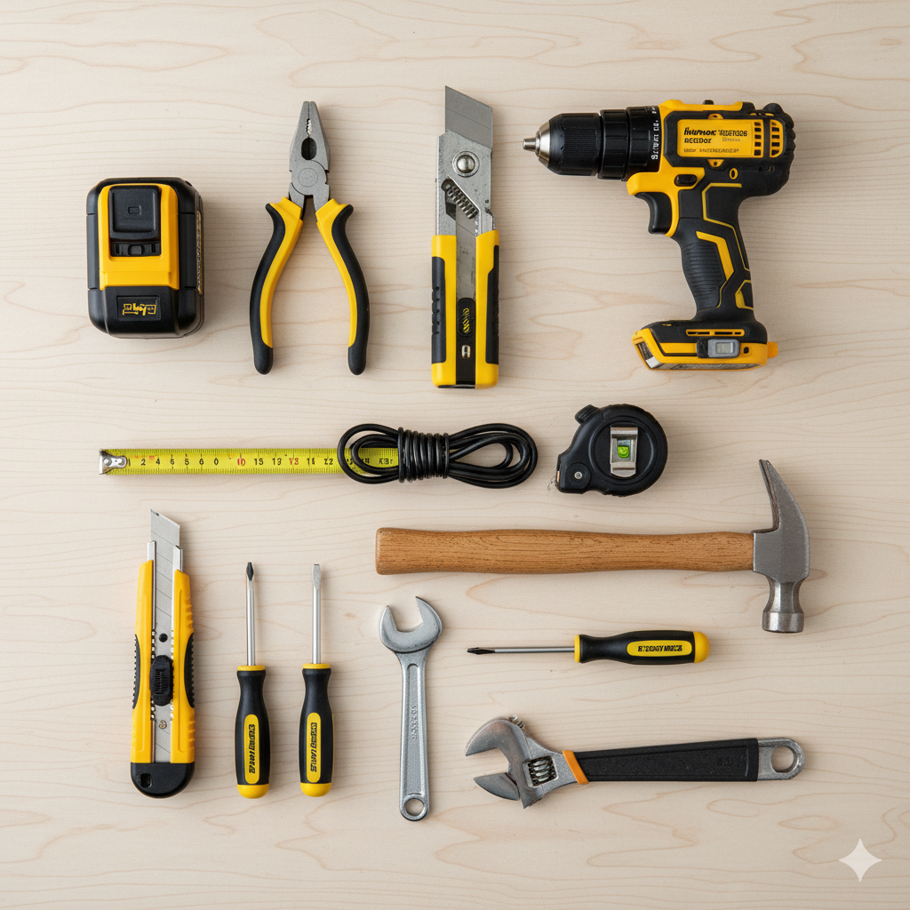 A flat lay of the 9 essential tools for a new homeowner's toolkit, including a drill and a hammer.
