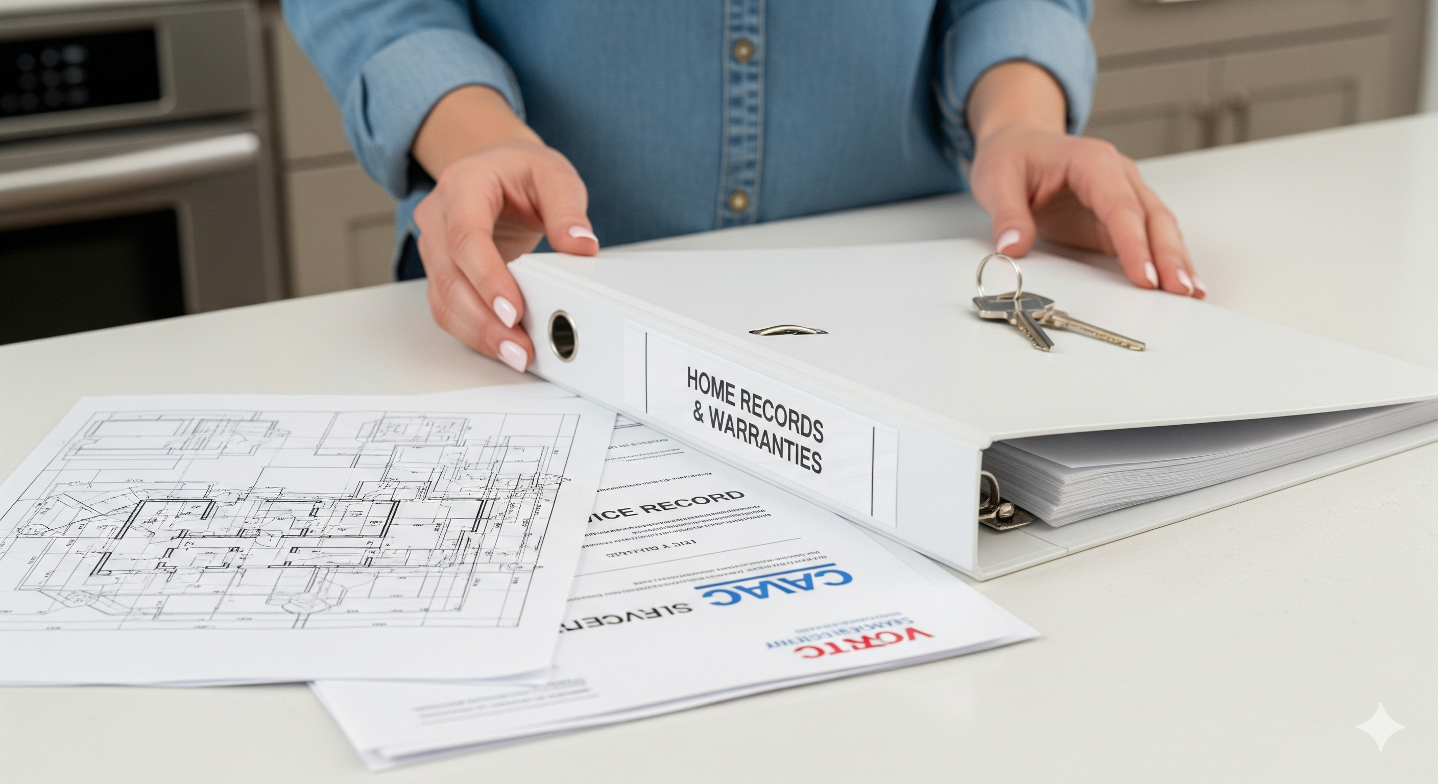 A seller organizing a binder of home records and warranties in preparation for a home inspection