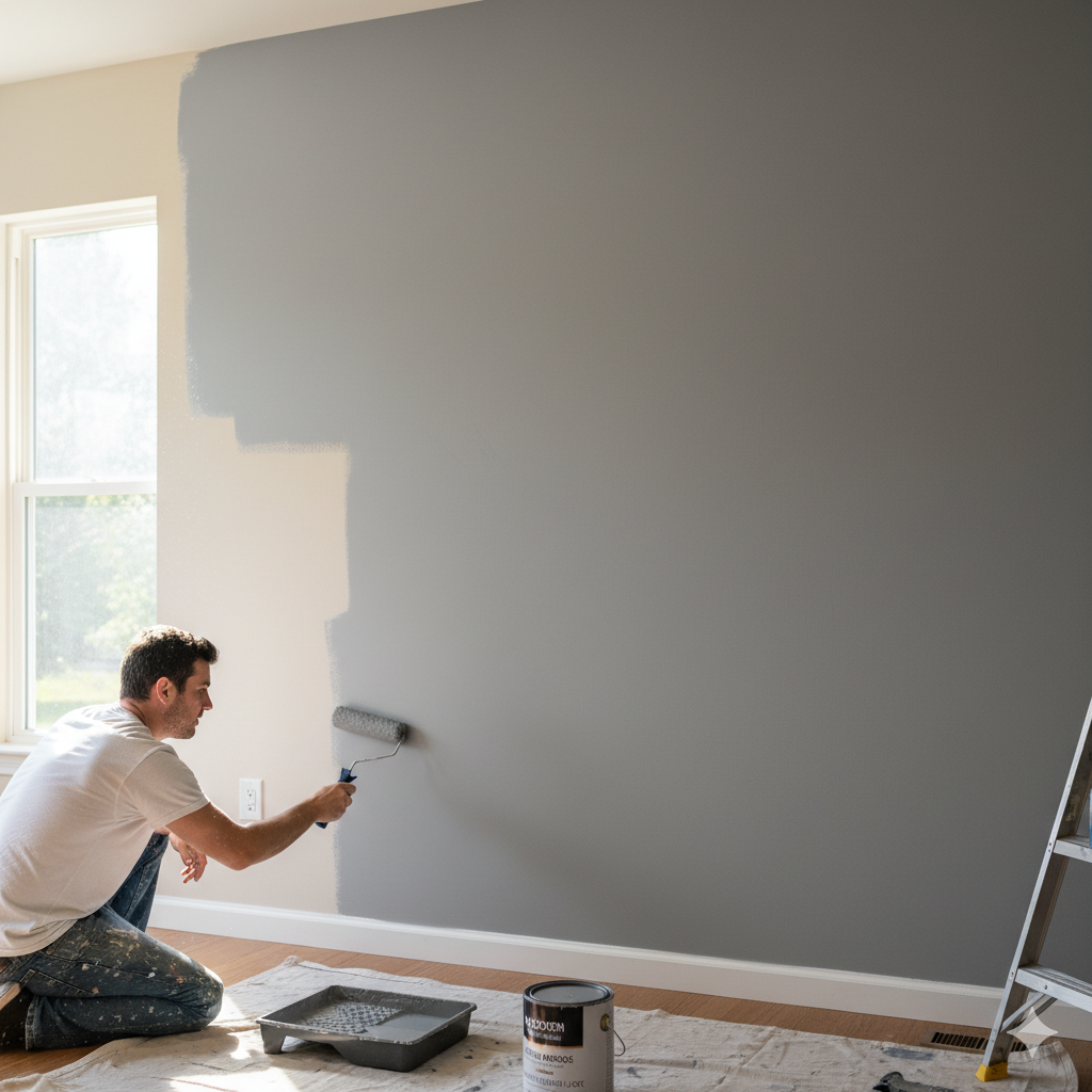 A homeowner painting a room with a neutral color, one of the most affordable, high-ROI home improvements for a Hudson Valley home.