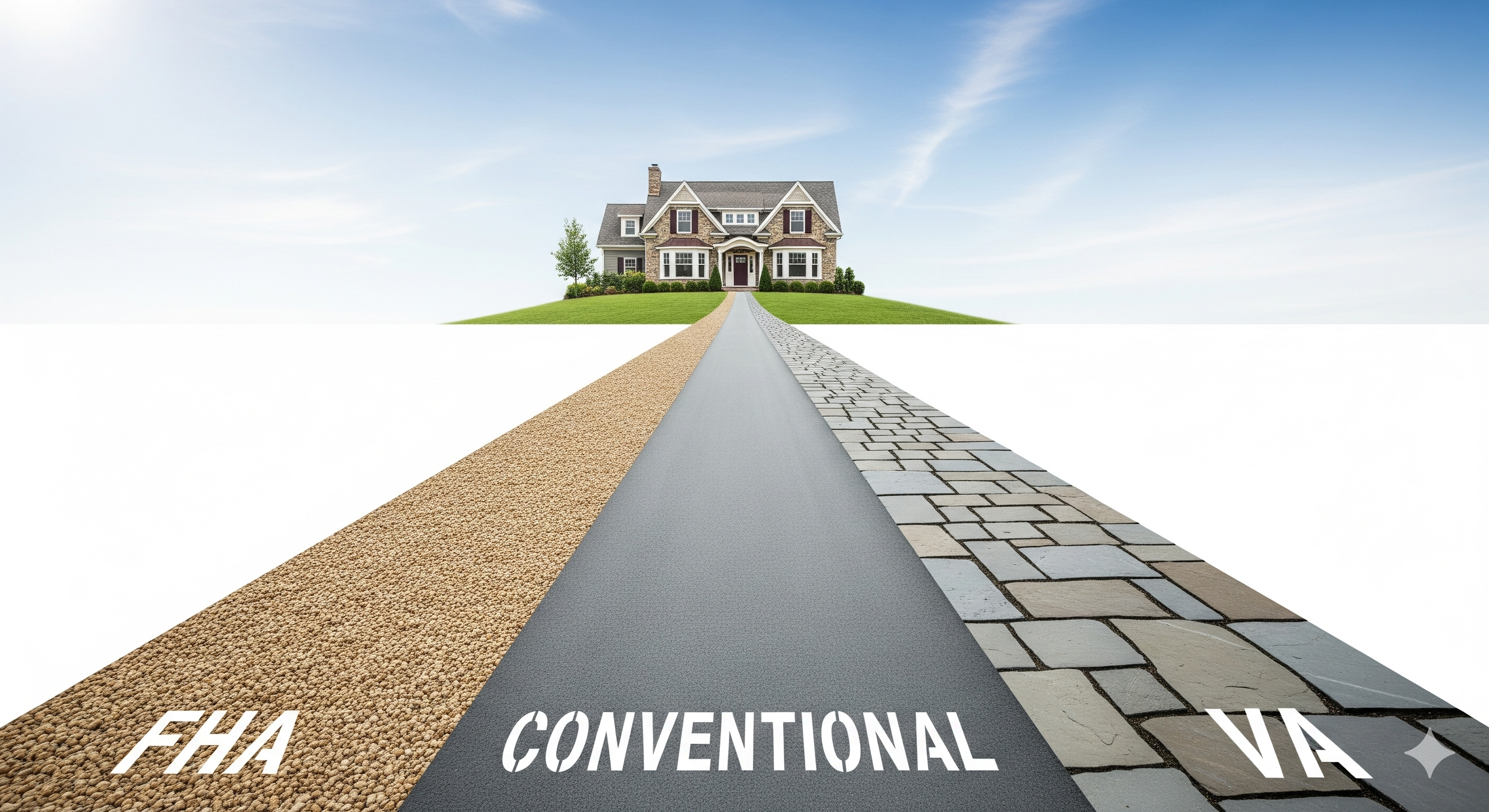 Three paths labeled Conventional, FHA, and VA all leading to a new home, symbolizing the different mortgage options for a Hudson Valley buyer.