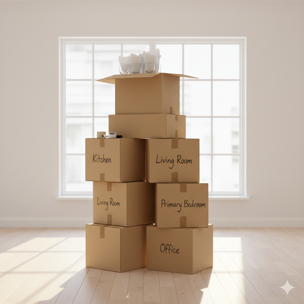 A stack of neatly packed and labeled moving boxes, representing a stress-free move organized with a checklist.