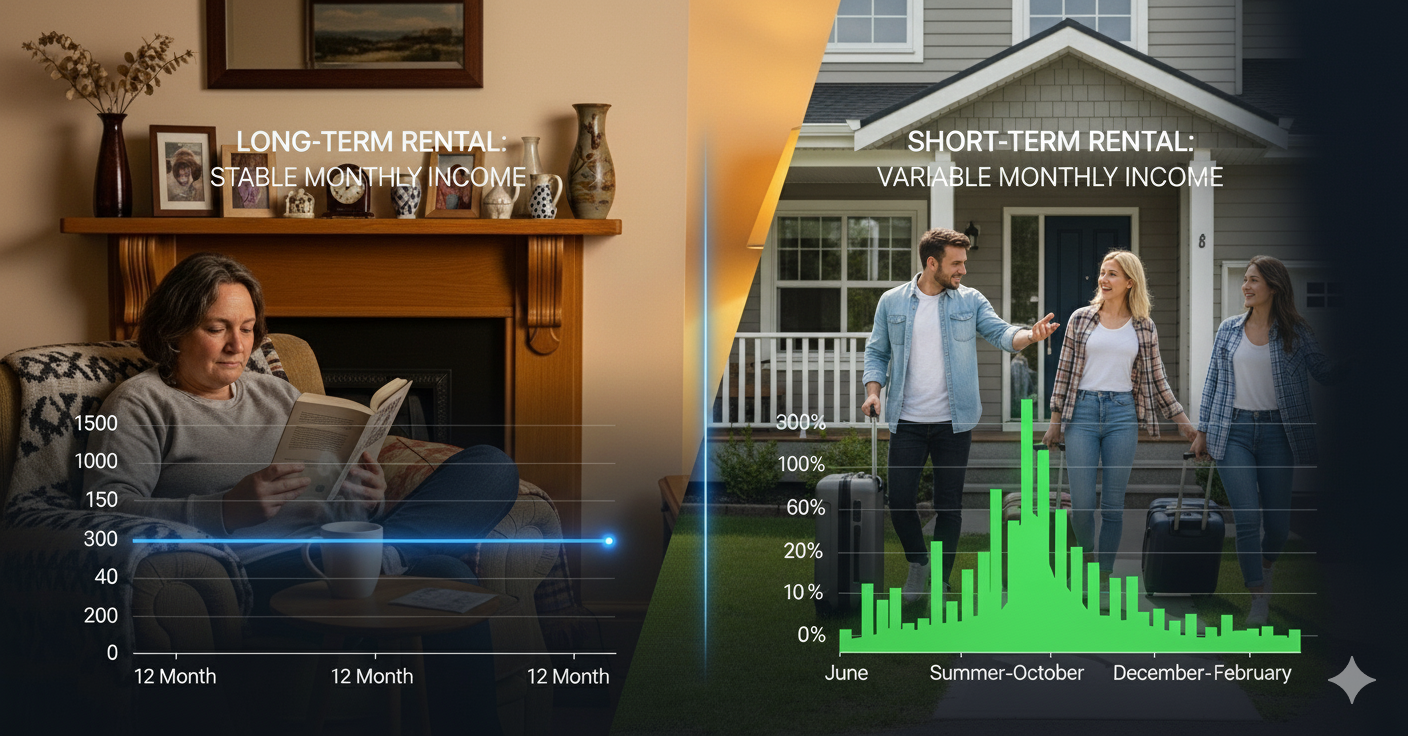 A chart comparing the stable income of a long-term rental to the variable, high-potential income of a short-term rental in the Hudson Valley.