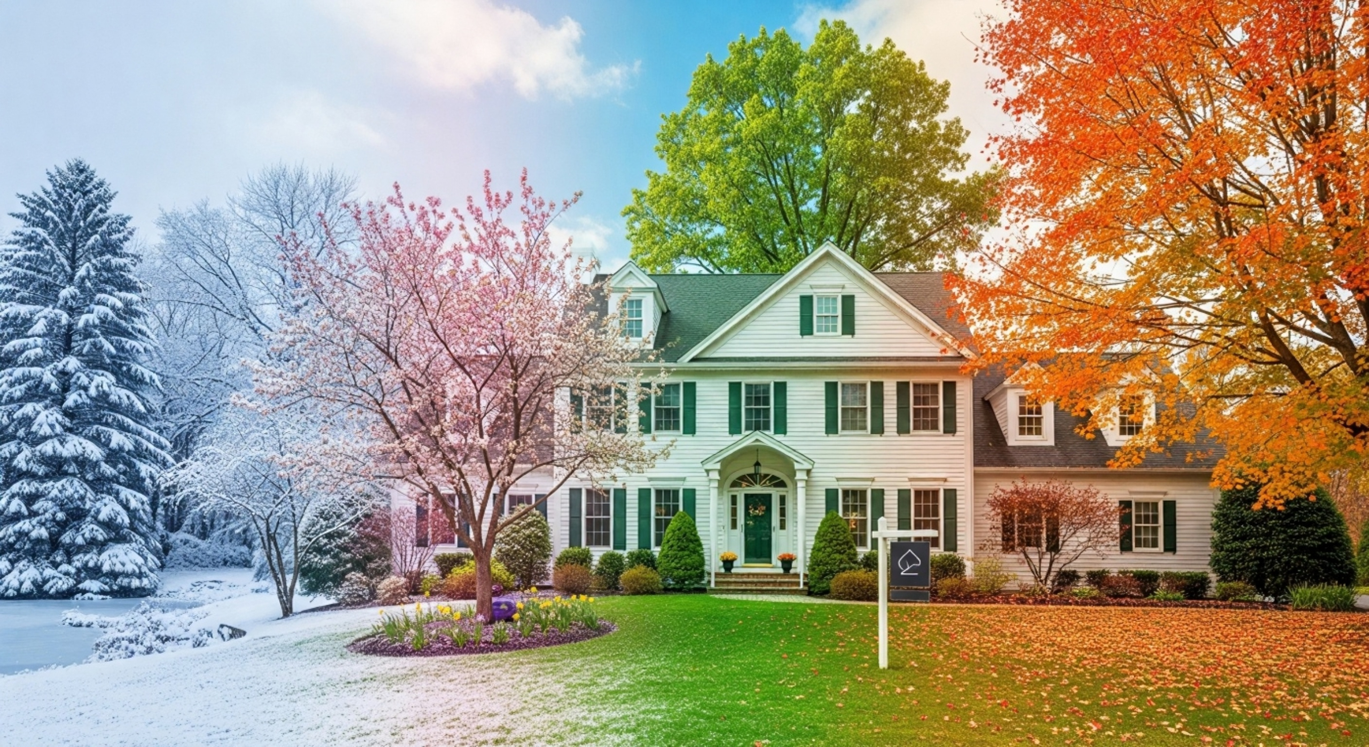 An artistic image of a Hudson Valley home for sale, with the four seasons blending seamlessly across the landscape to illustrate the best time to sell.