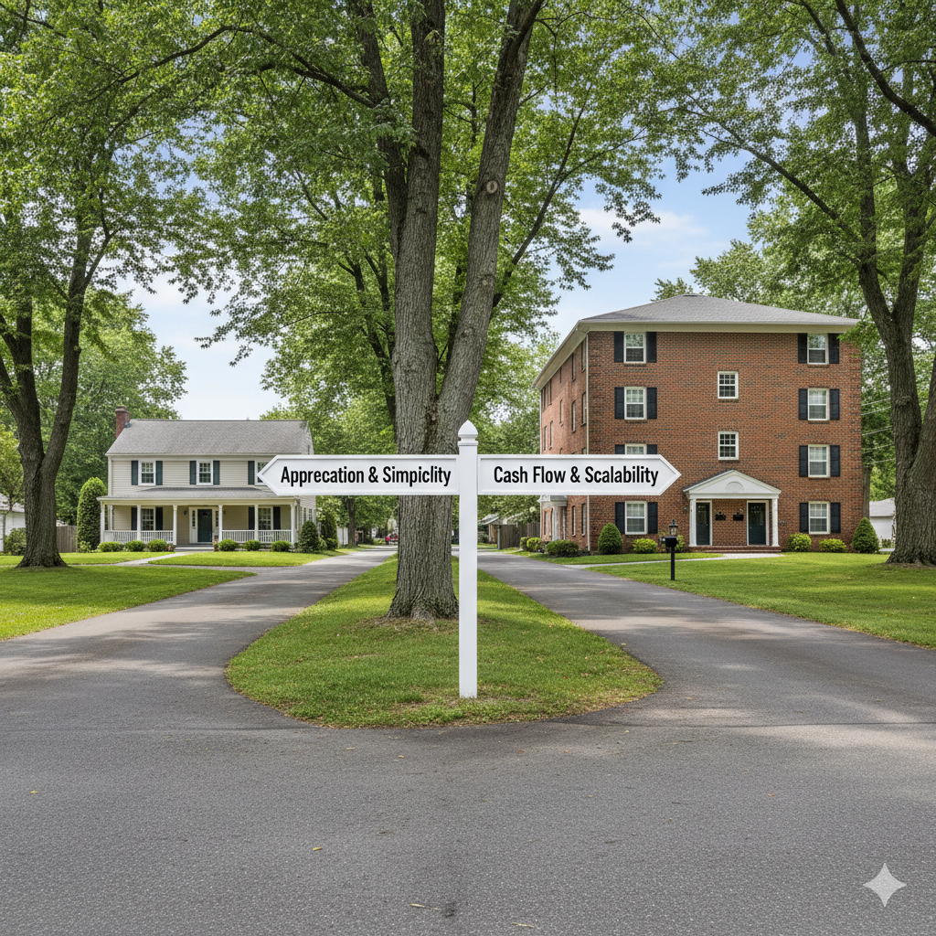 A fork in the road leading to a single-family and a multi-family home, representing an investor's strategic choice in the Hudson Valley.