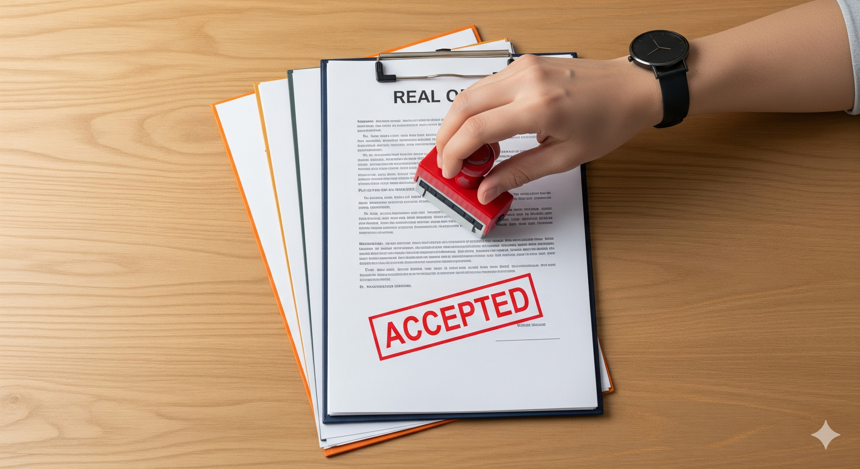 An accepted real estate offer document being stamped on top of a pile of competing offers, symbolizing a winning strategy in the Hudson Valley market.