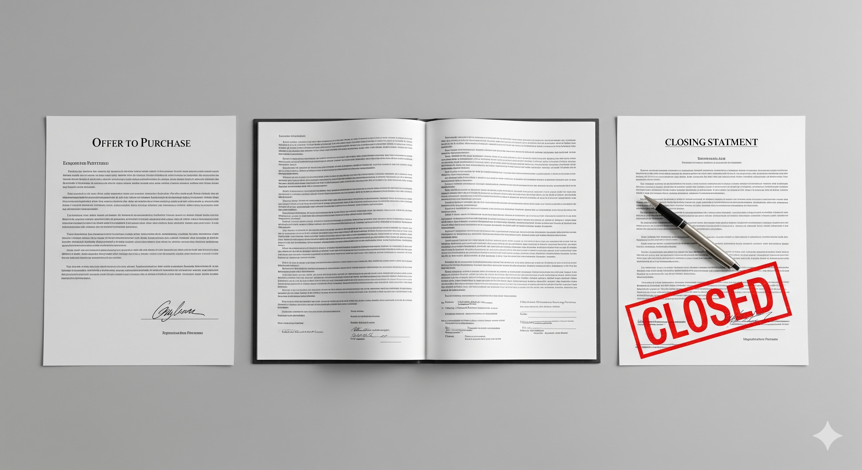 A visual timeline of real estate documents, from an offer to a closed contract, for a New York home sale.
