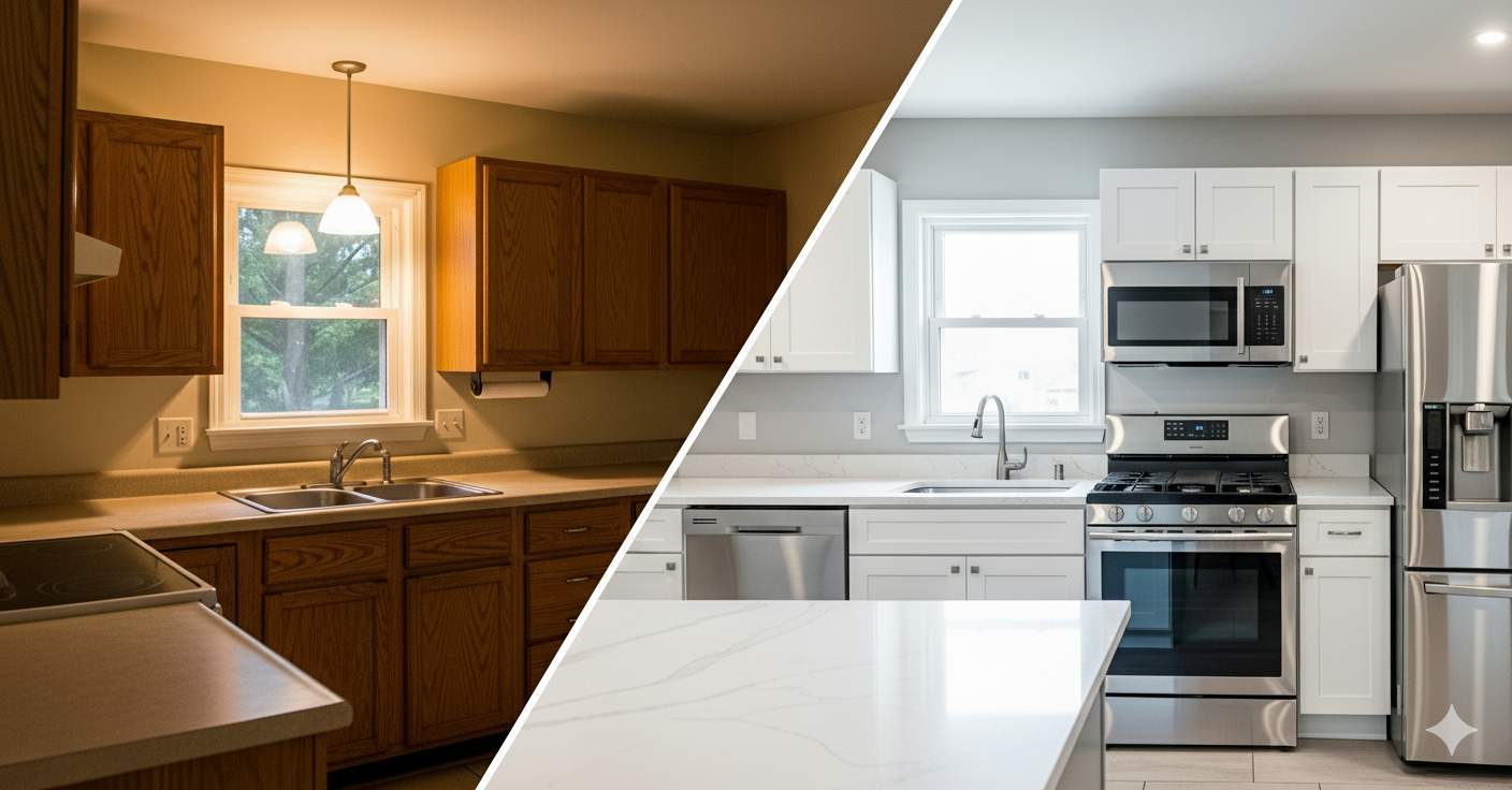 A before and after image of a minor kitchen remodel in New York, demonstrating one of the top renovations that increase home value.