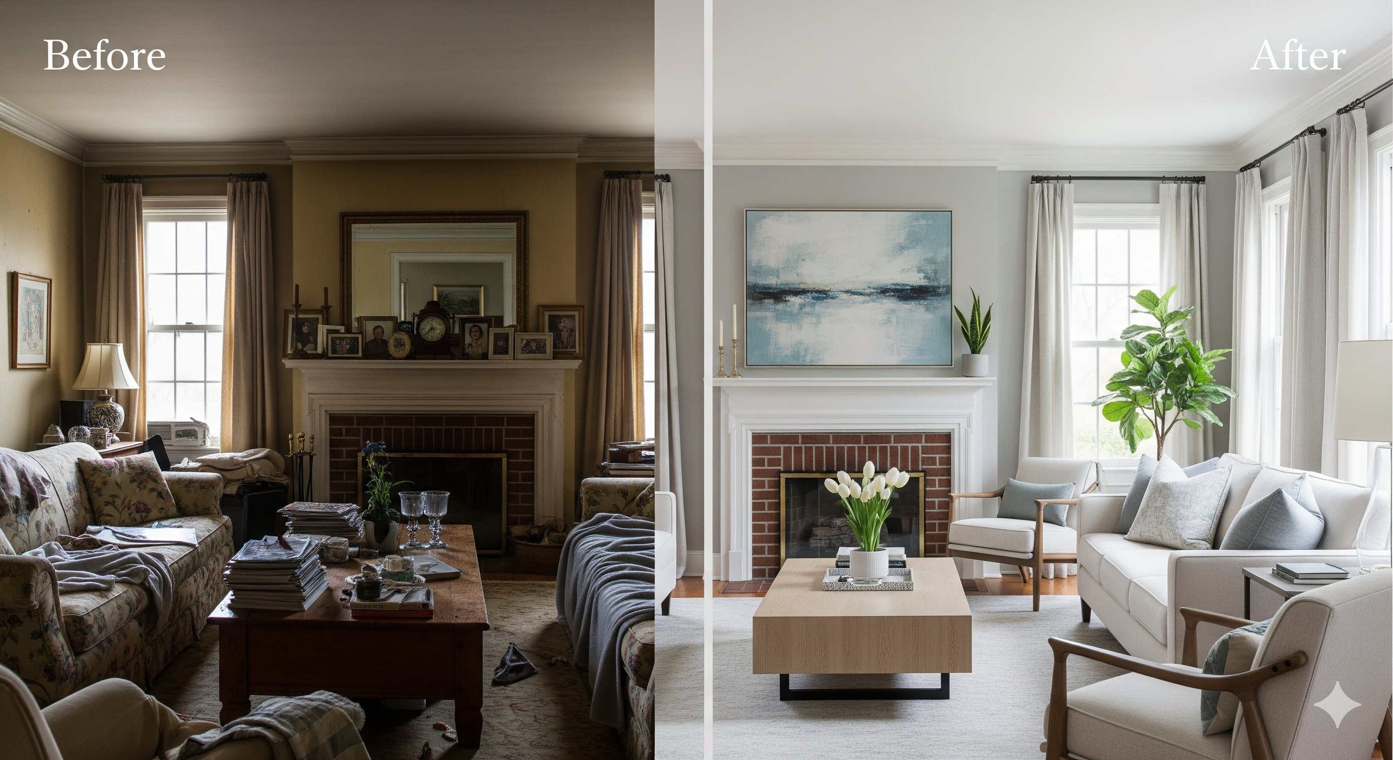 A before and after split-screen image showing how home staging transforms a cluttered living room into a bright, modern space to increase its sale price.