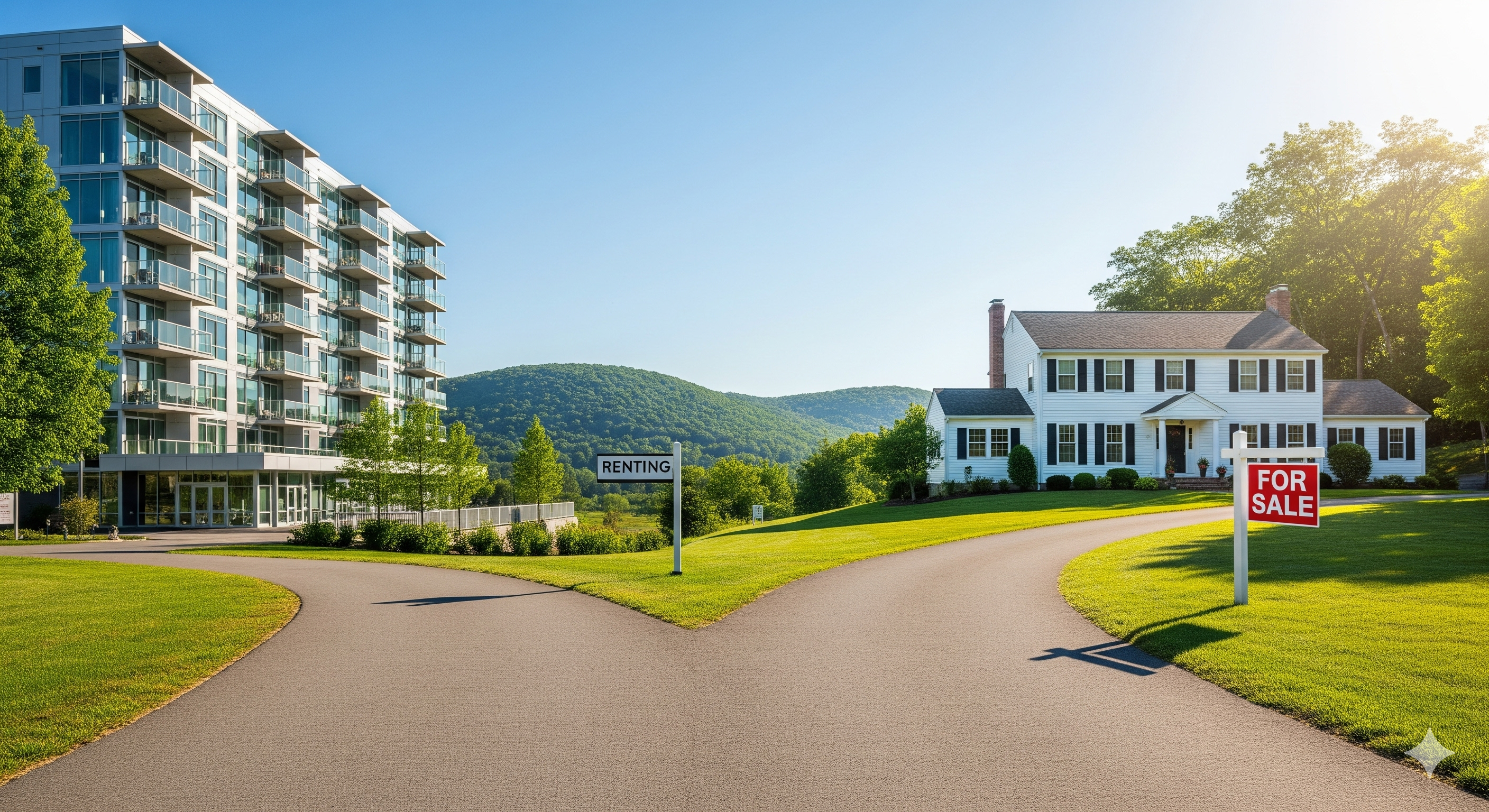 A fork in the road leading to an apartment for rent and a house for sale, symbolizing the rent vs. buy decision for newcomers to the Hudson Valley.