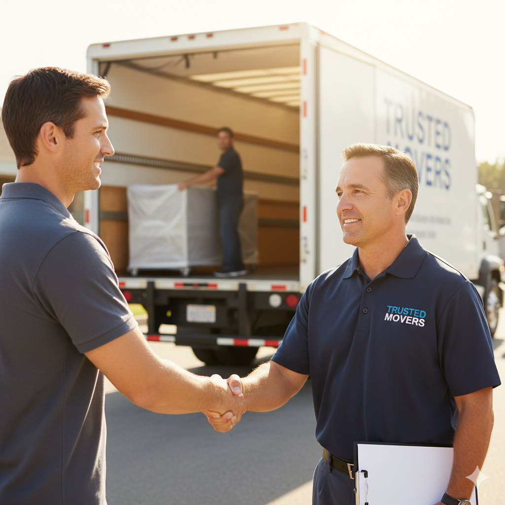 A homeowner shaking hands with a professional mover in the Hudson Valley, representing the process of hiring a trusted local moving company