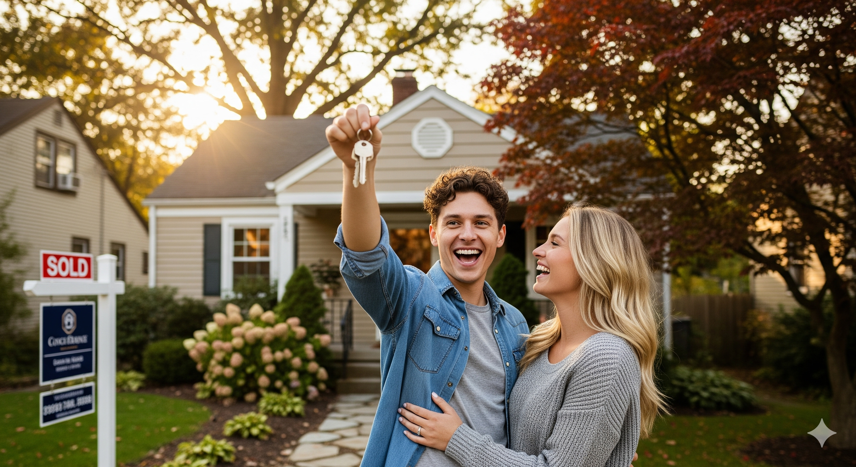 A happy couple celebrating with the keys to their first home in New York, illustrating the successful outcome of following a home buyer checklist.