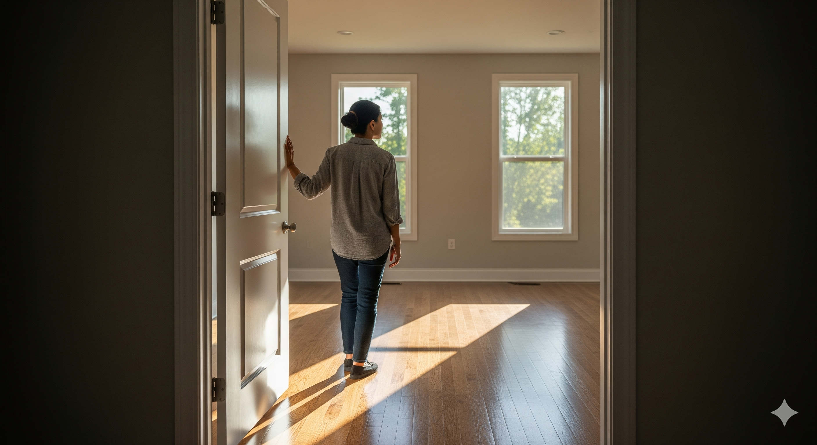 ) A home buyer looking into an empty room during the final walk-through, visualizing their new life in their Hudson Valley home.