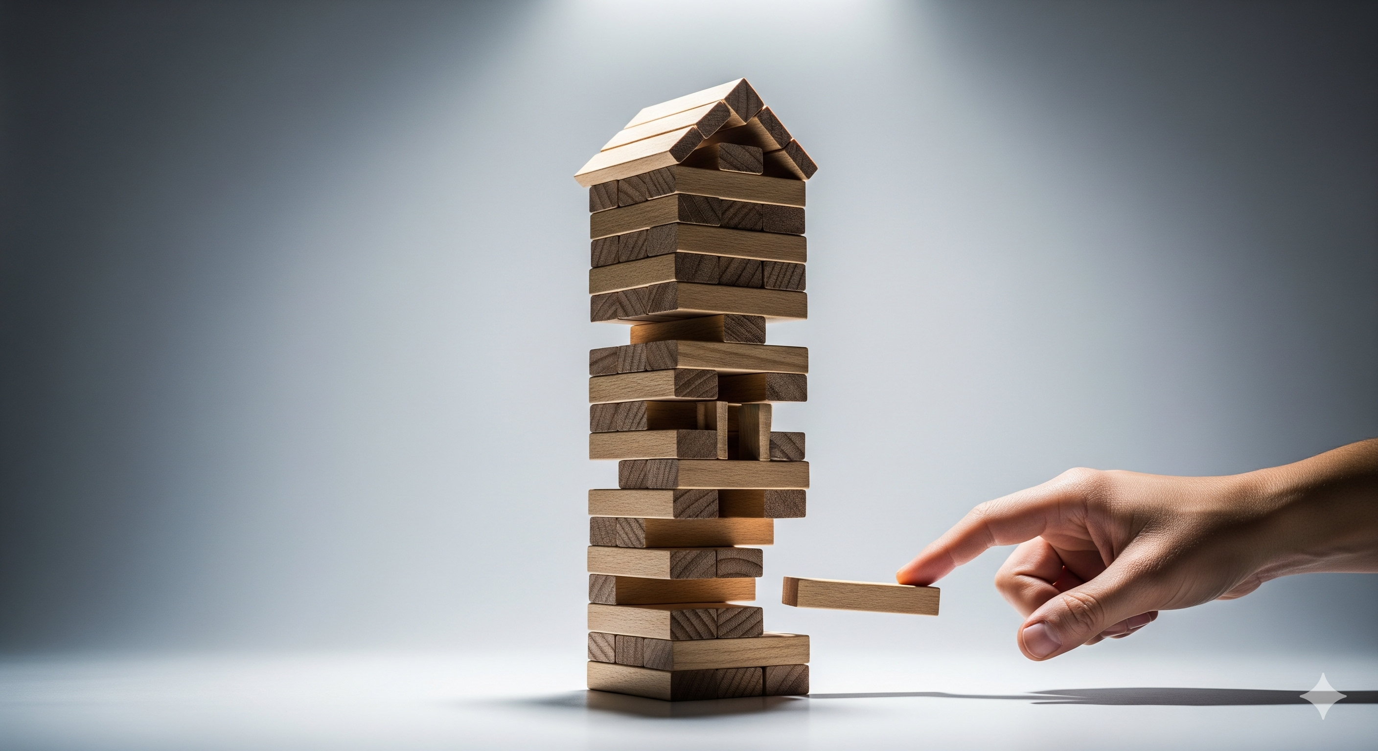 A Jenga tower shaped like a house about to collapse, symbolizing the costly mistakes a home seller can make in the Hudson Valley.