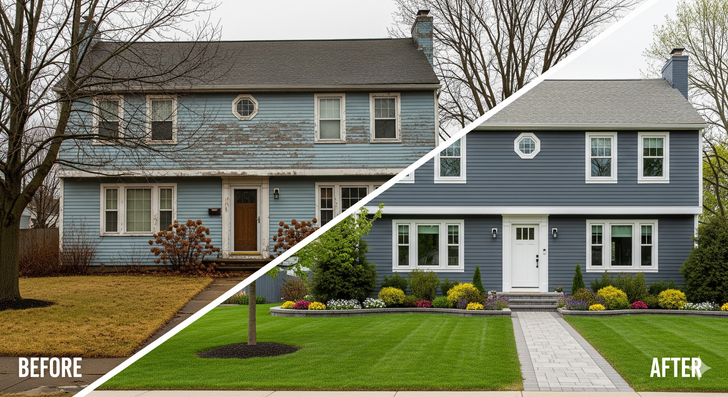 A before and after photo of a Hudson Valley home renovation, illustrating the