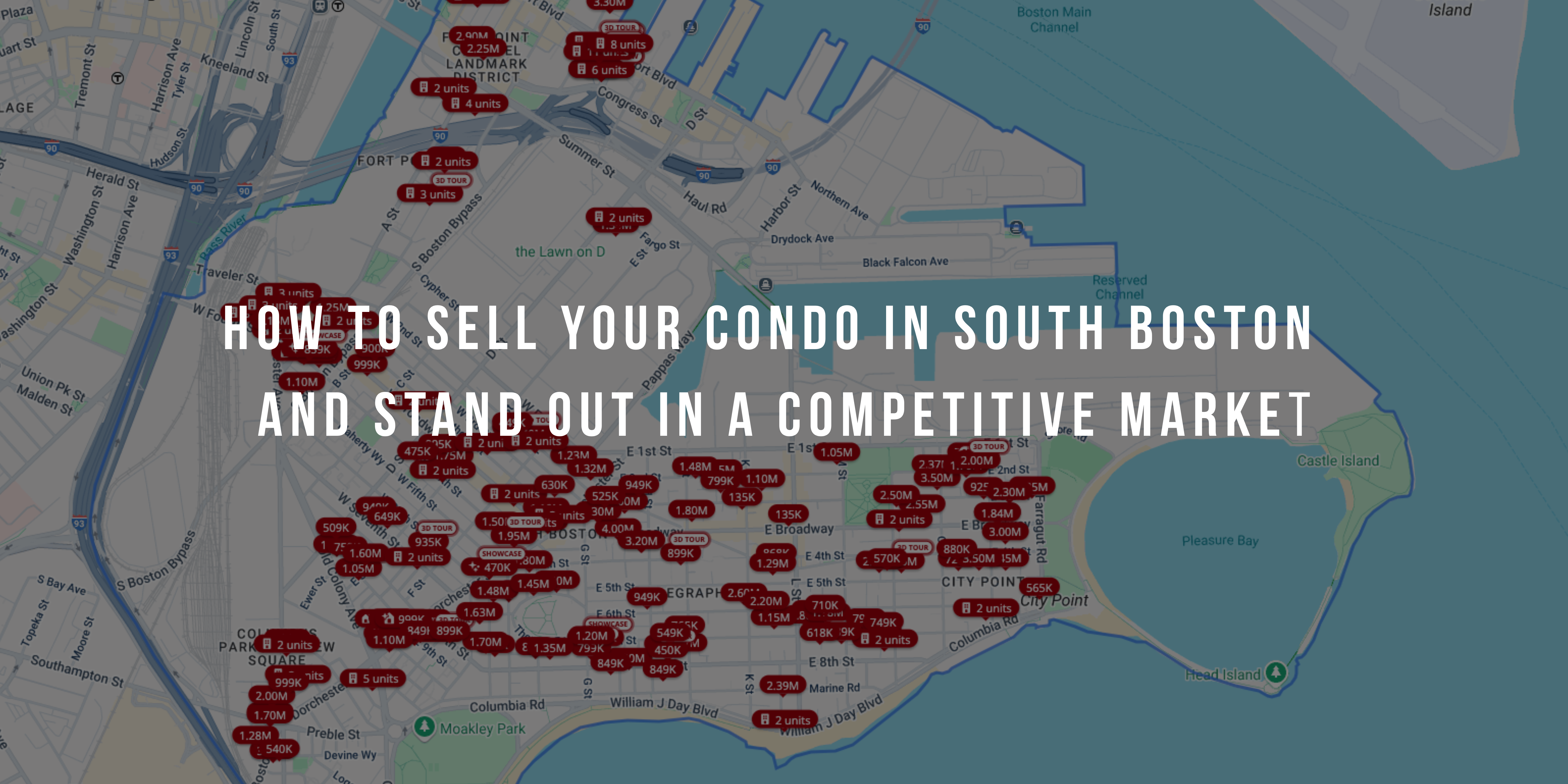 Map of South Boston showing active condo listings with blog title overlay: How to Sell Your Condo in South Boston and Stand Out in a Competitive Market