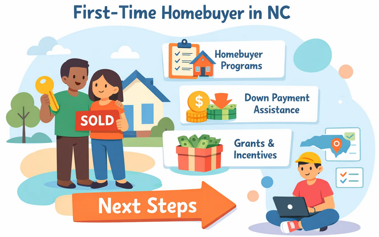First-time homebuyer in North Carolina illustration showing buyer programs, down payment assistance, grants, and next steps to purchasing a home.