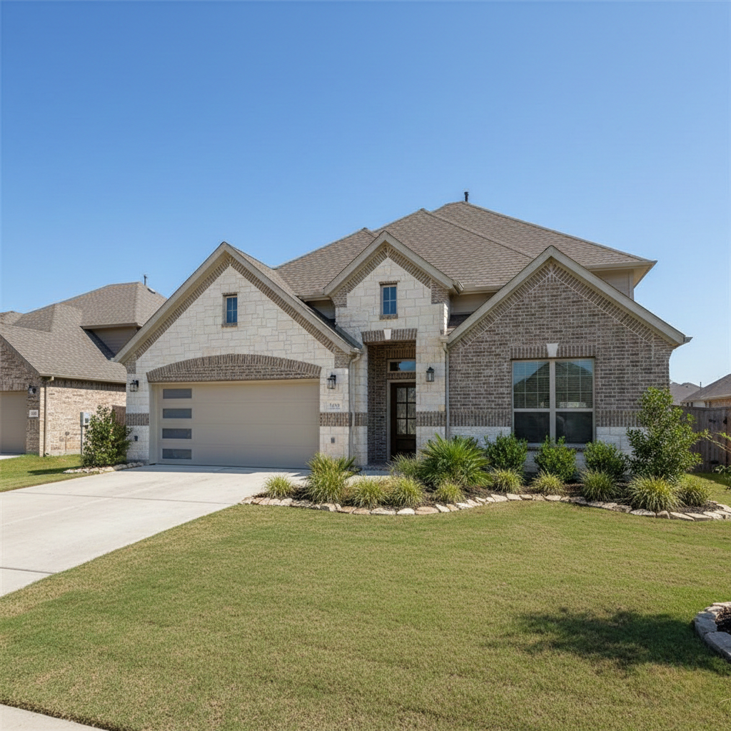 A front-facing view of a modern two-story suburban home in Texas featuring a combination of light-colored stone and earth-toned brick. The house has a manicured green lawn, a wide concrete driveway leading to a two-car garage, and a clear blue sky in the background.