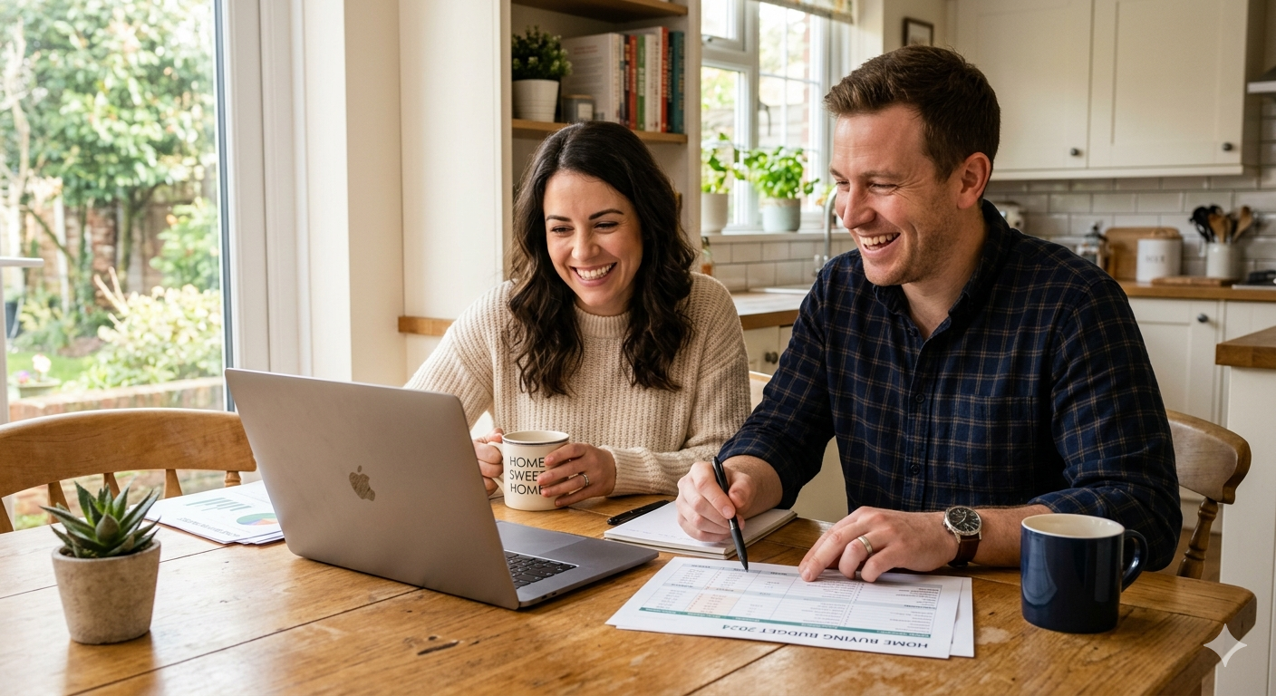 Couple calculating home affordability for buying a house in North Texas DFW &mdash; ADT Property Partners DHS Realty