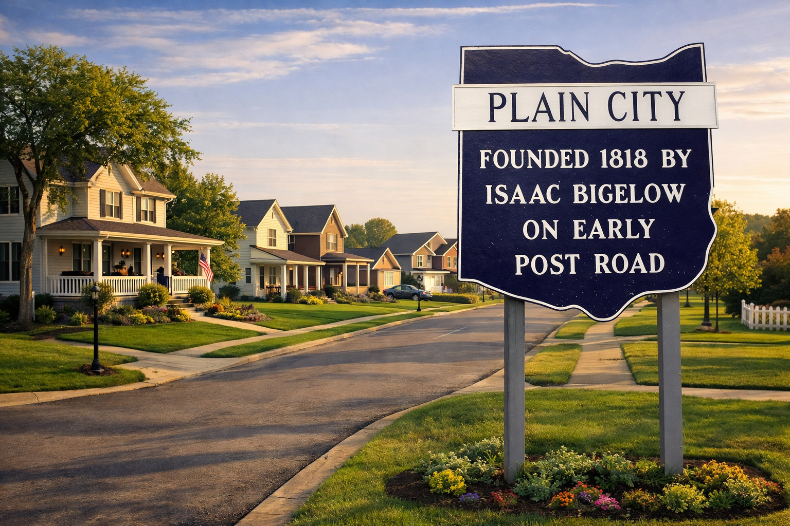 Plain City Ohio neighborhood street with new construction homes for relocating families 2026