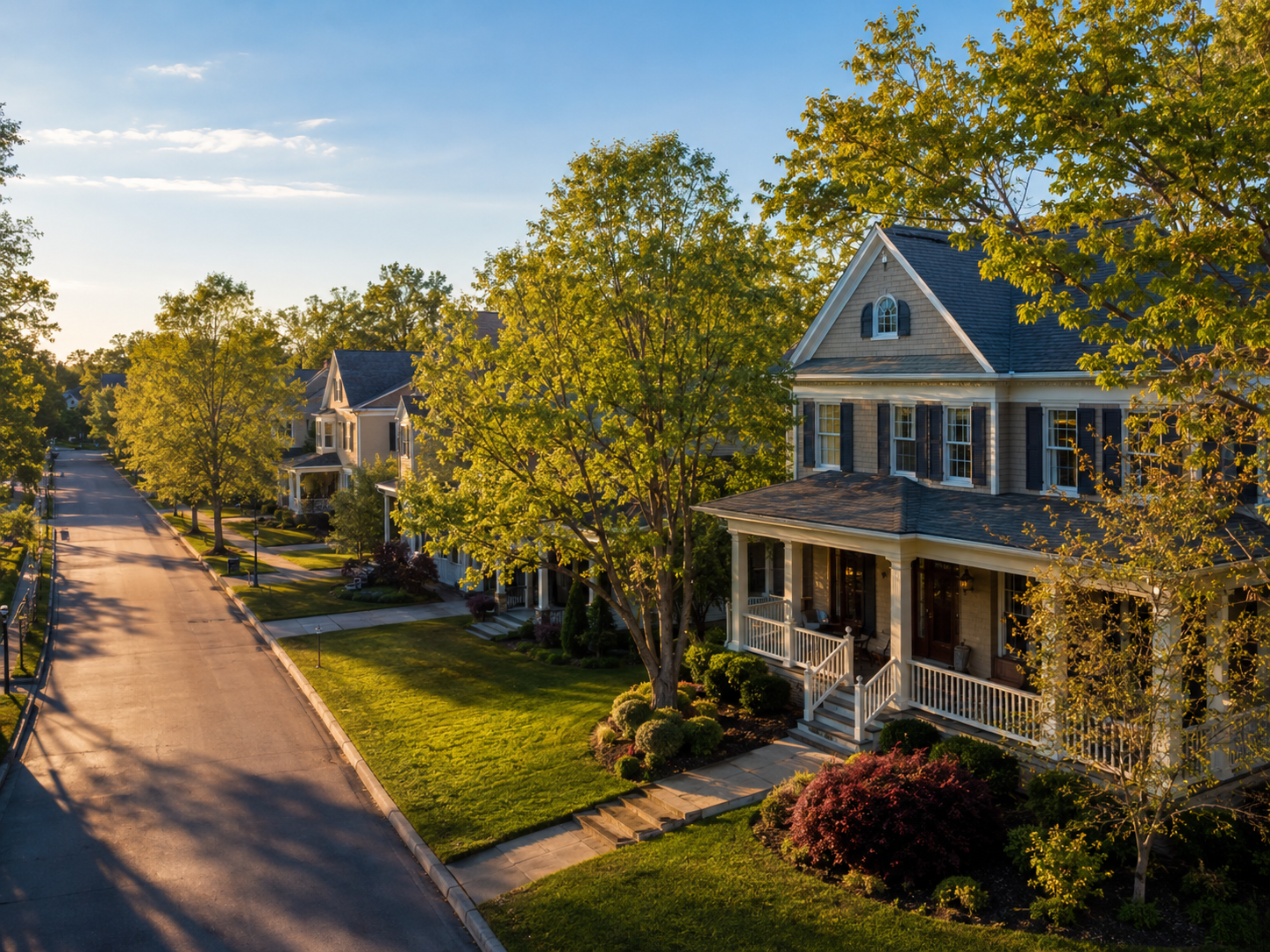 Established suburban neighborhood in Lewis Center, Ohio with tree-lined streets, two-story homes, front porches, and green lawns