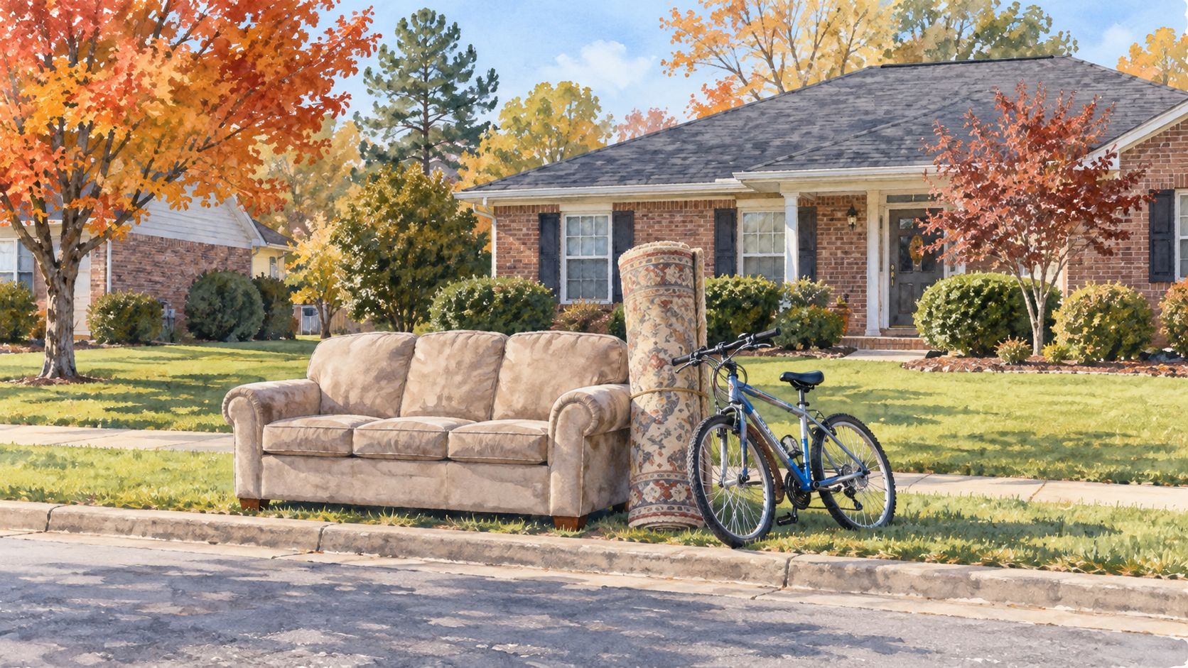Watercolor of a sofa, rolled carpet, and bicycle set out neatly at the curb of a Lewisville home for bulky item pickup