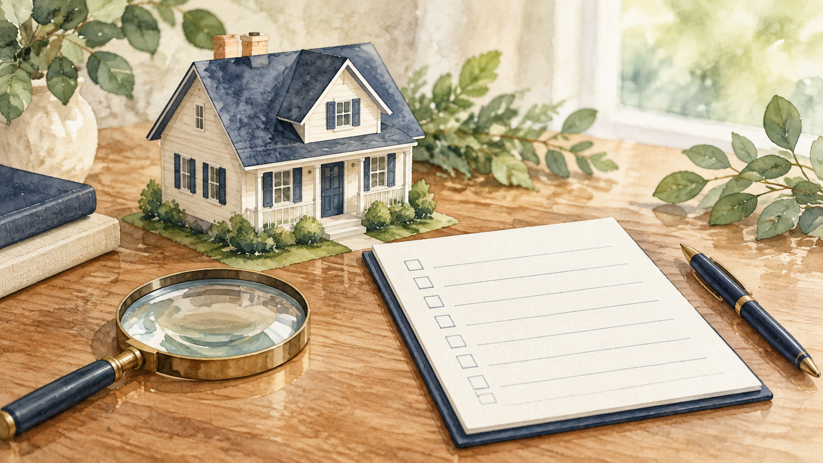 Watercolor illustration of a model home, checklist, magnifying glass and pen.