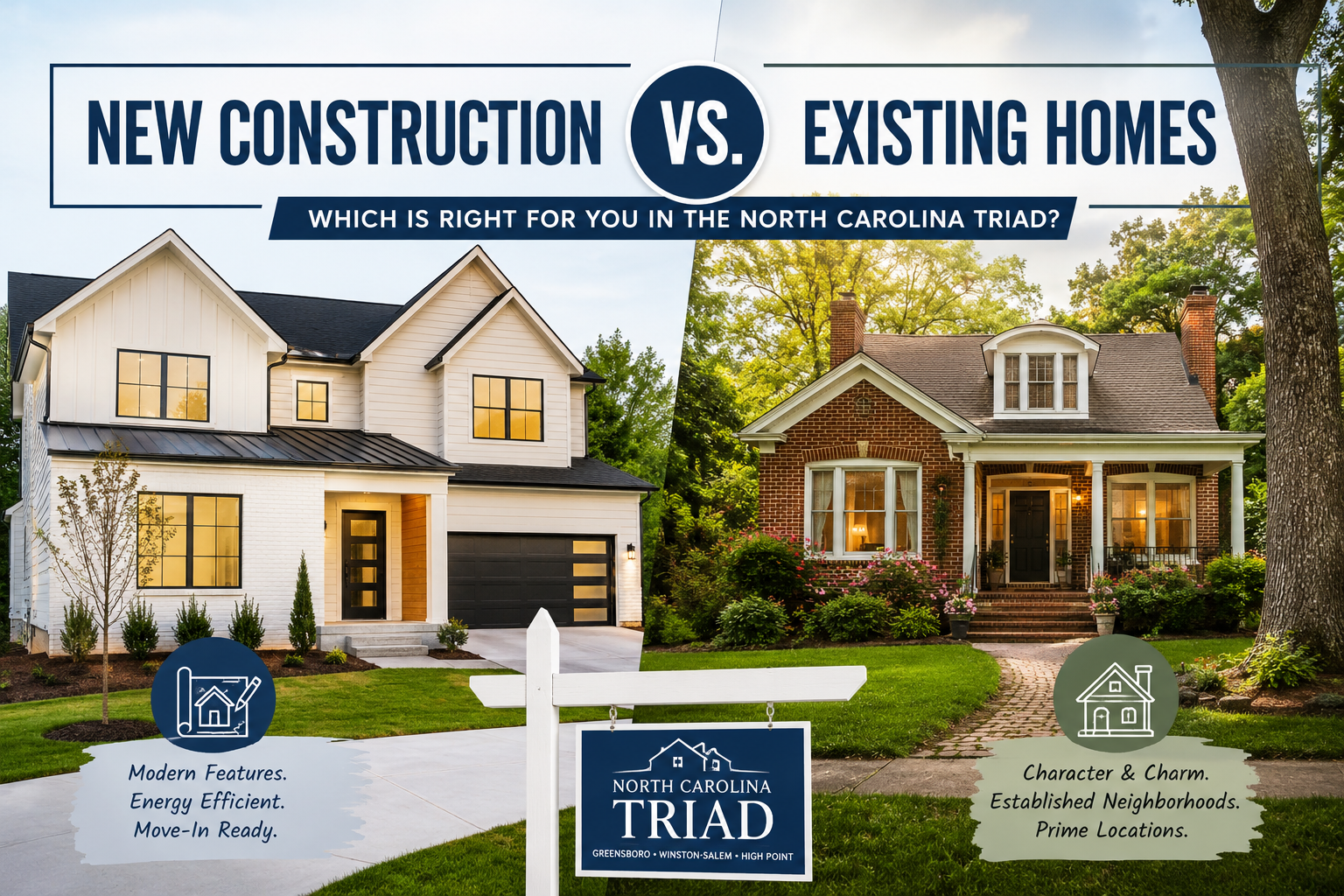 New Construction vs. Existing Homes in the North Carolina Triad: Which Is Right for You? header image.