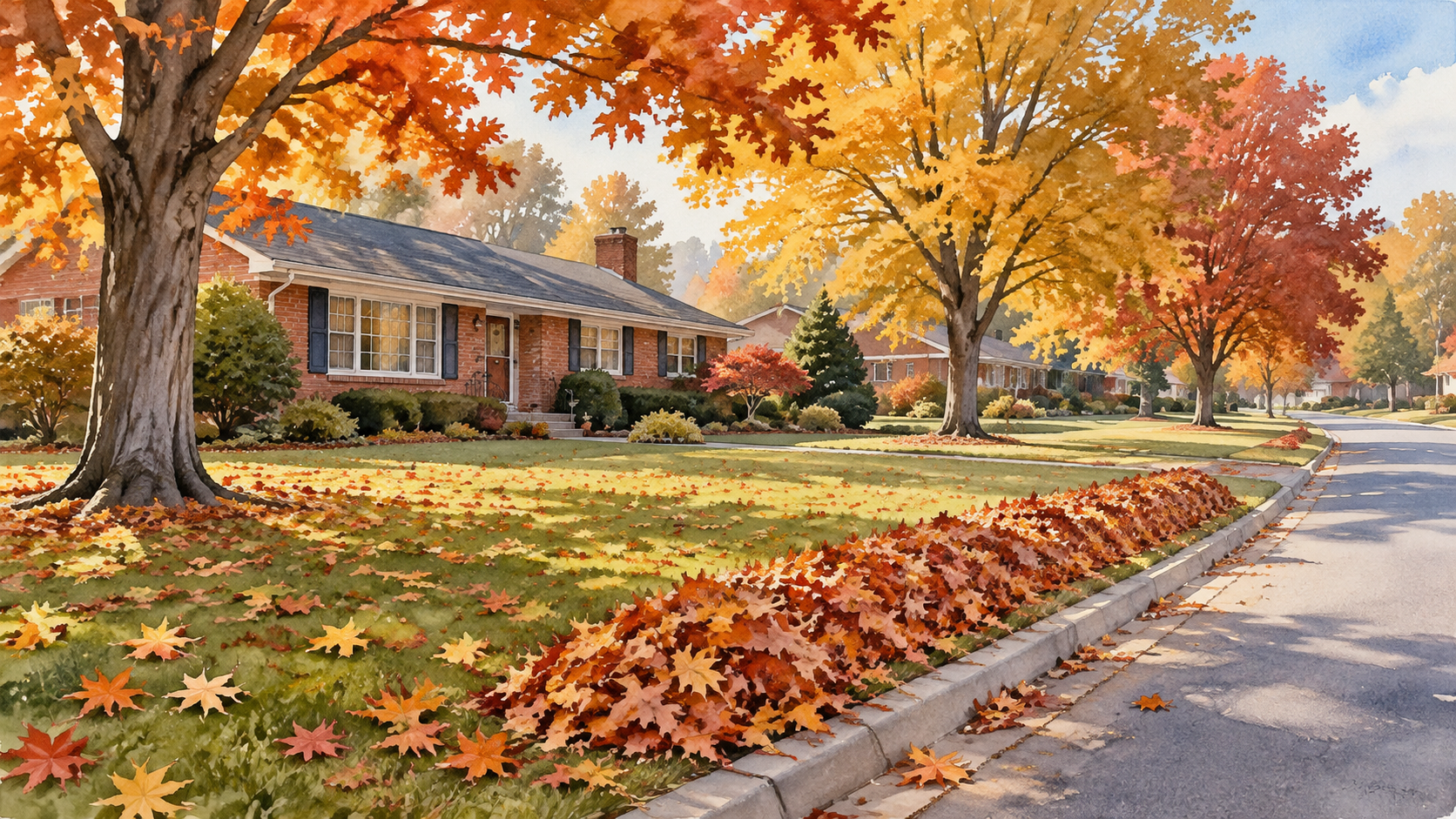 Watercolor of a Clemmons neighborhood in autumn, with raked leaves in a neat windrow at the edge of a front yard