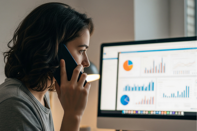 Woman on phone in front of computer