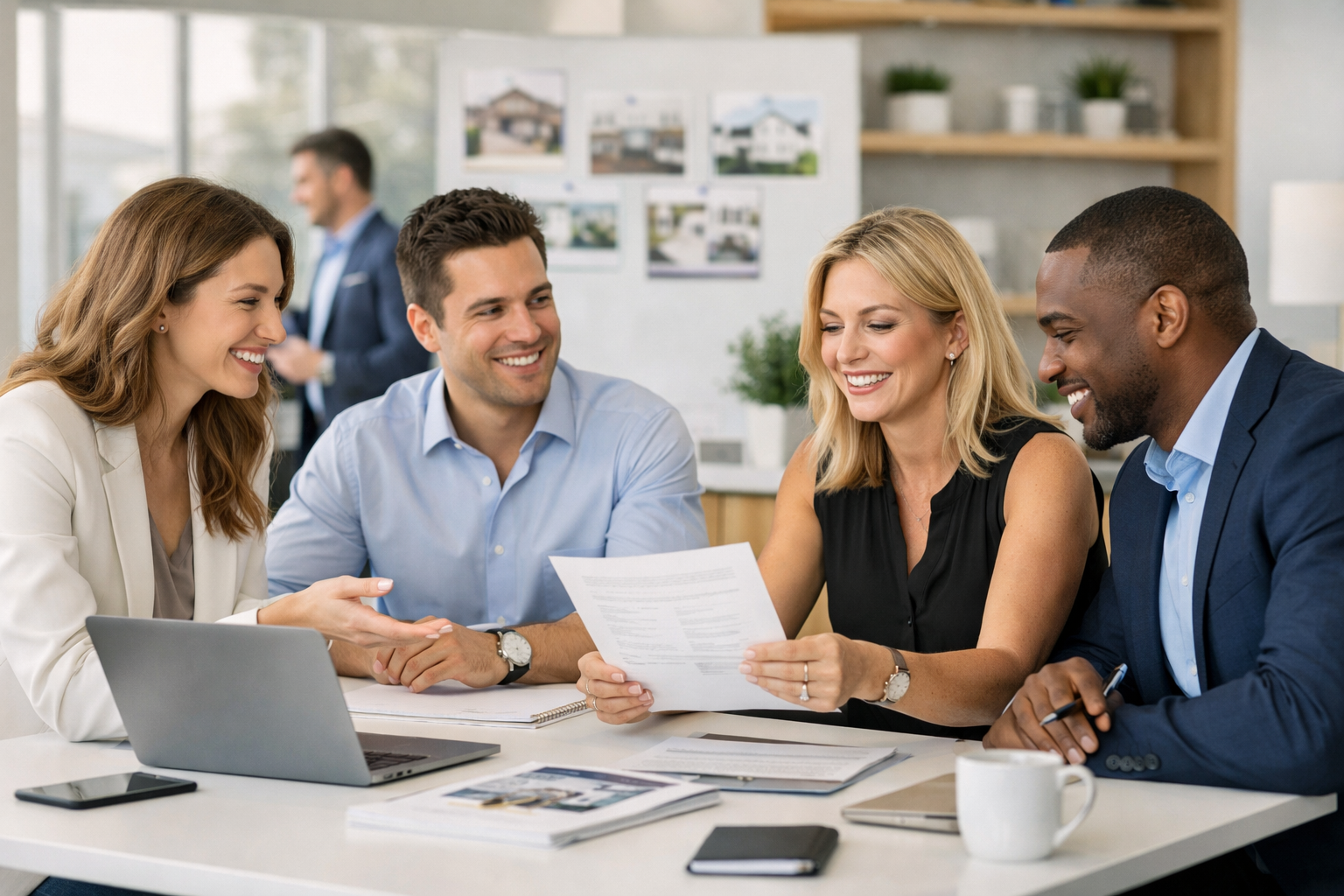Professional real estate agents collaborating in a modern office, representing growth and teamwork at PLACE