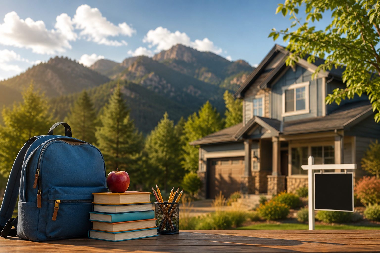 Blue backpack and mountain home 
