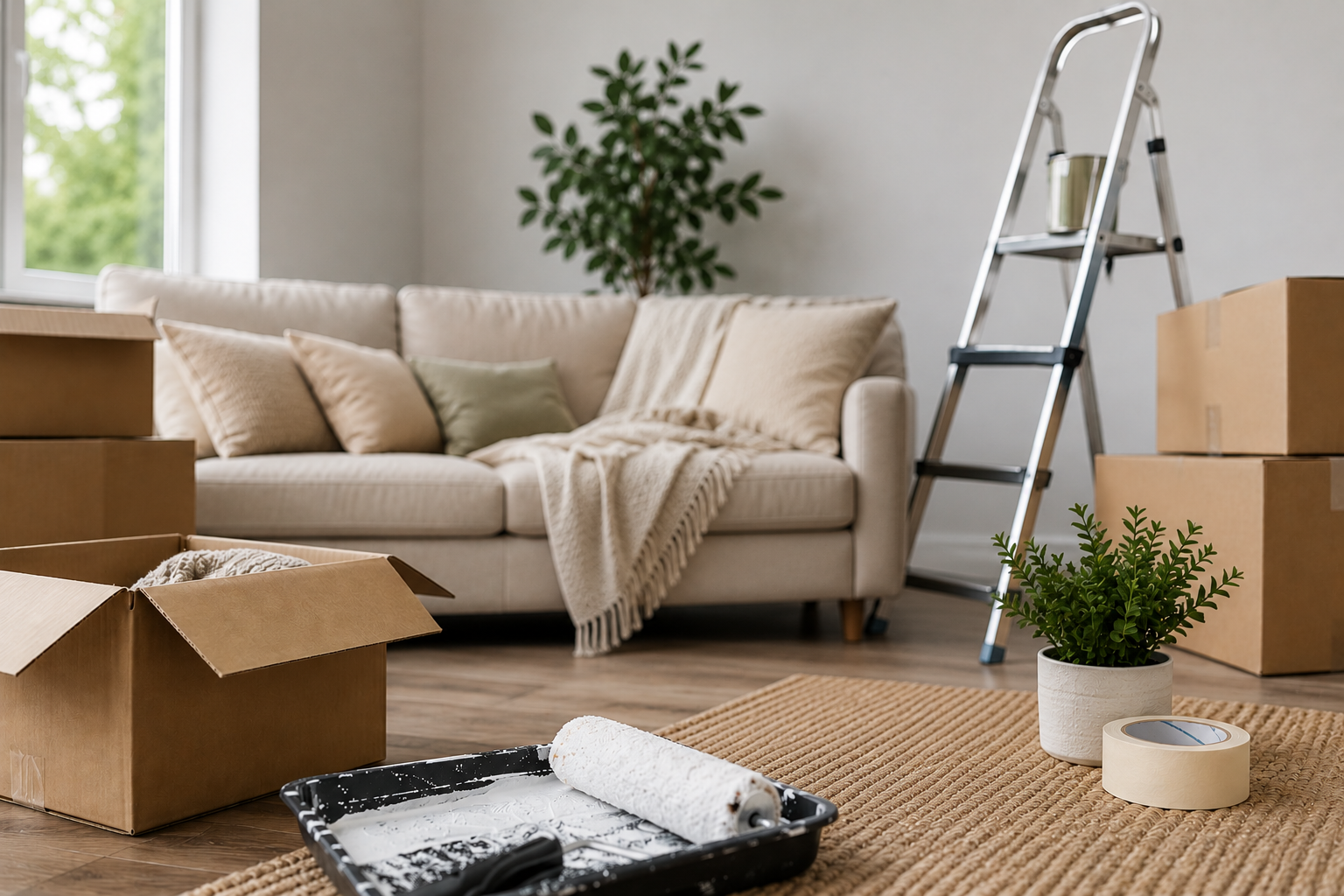 Cozy couch in a living room with boxes being packed