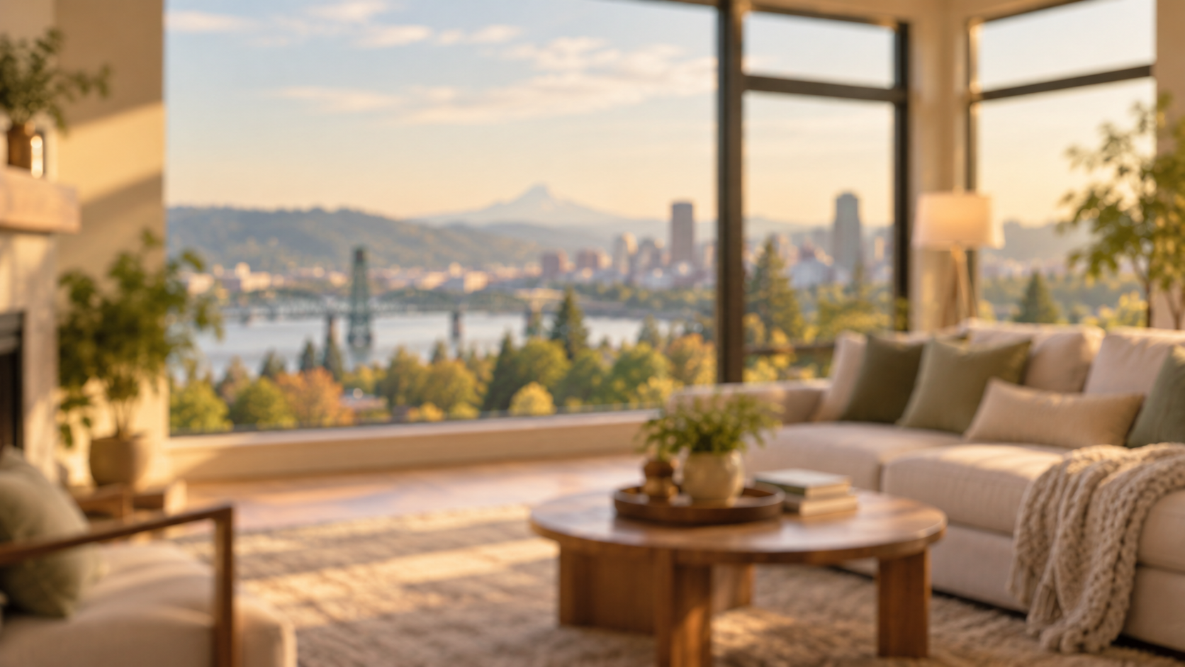 Softly blurred Portland living room with warm lighting, modern furnishings, and scenic city views.