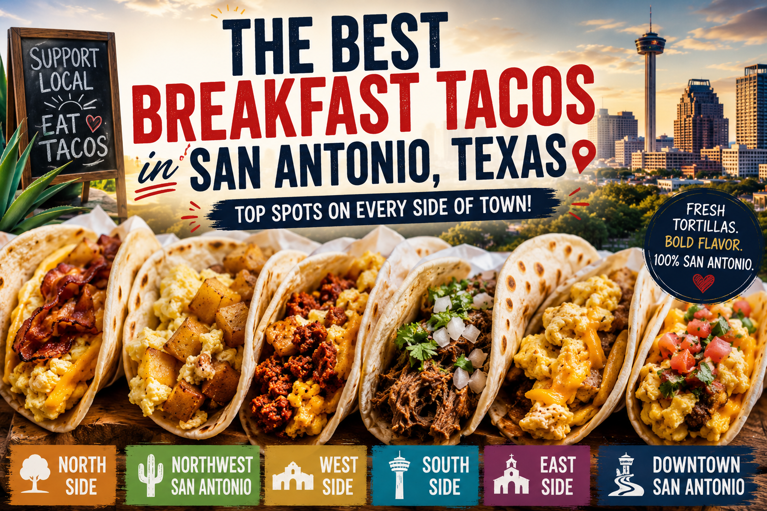 Best Breakfast tacos in each side of San Antonio header image.