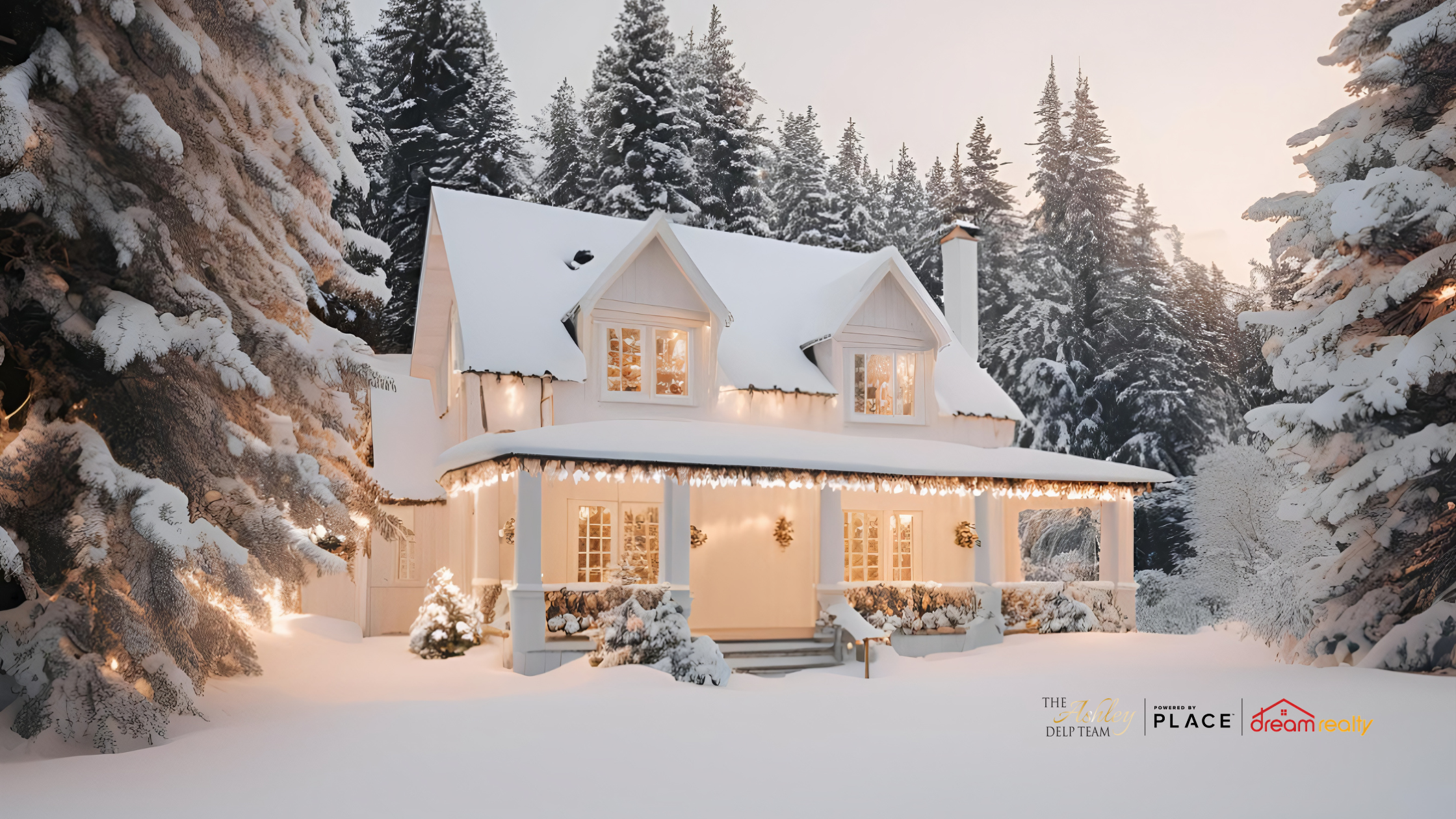 Gorgeous White Home Covered in Snow with Pine Trees Surrounding it.