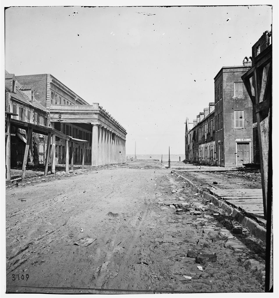 Photo: Vendue Range looking East from near the corner of East Bay Street in 1865 after the fall of Confederate Charleston.