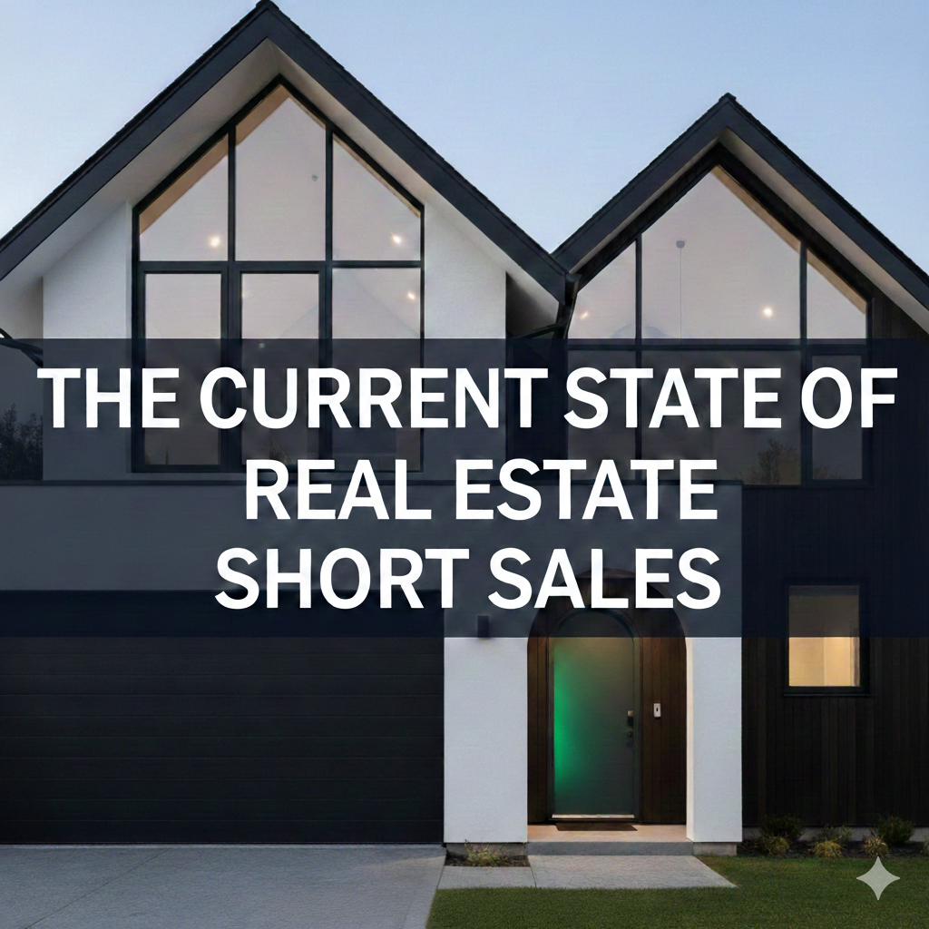 A professional featured image for a real estate article titled 'The Current State of Real Estate Short Sales.' The background features a high-end, modern architectural home with large glass windows and a clean minimalist design, overlaid with bold white text on a dark translucent banner.