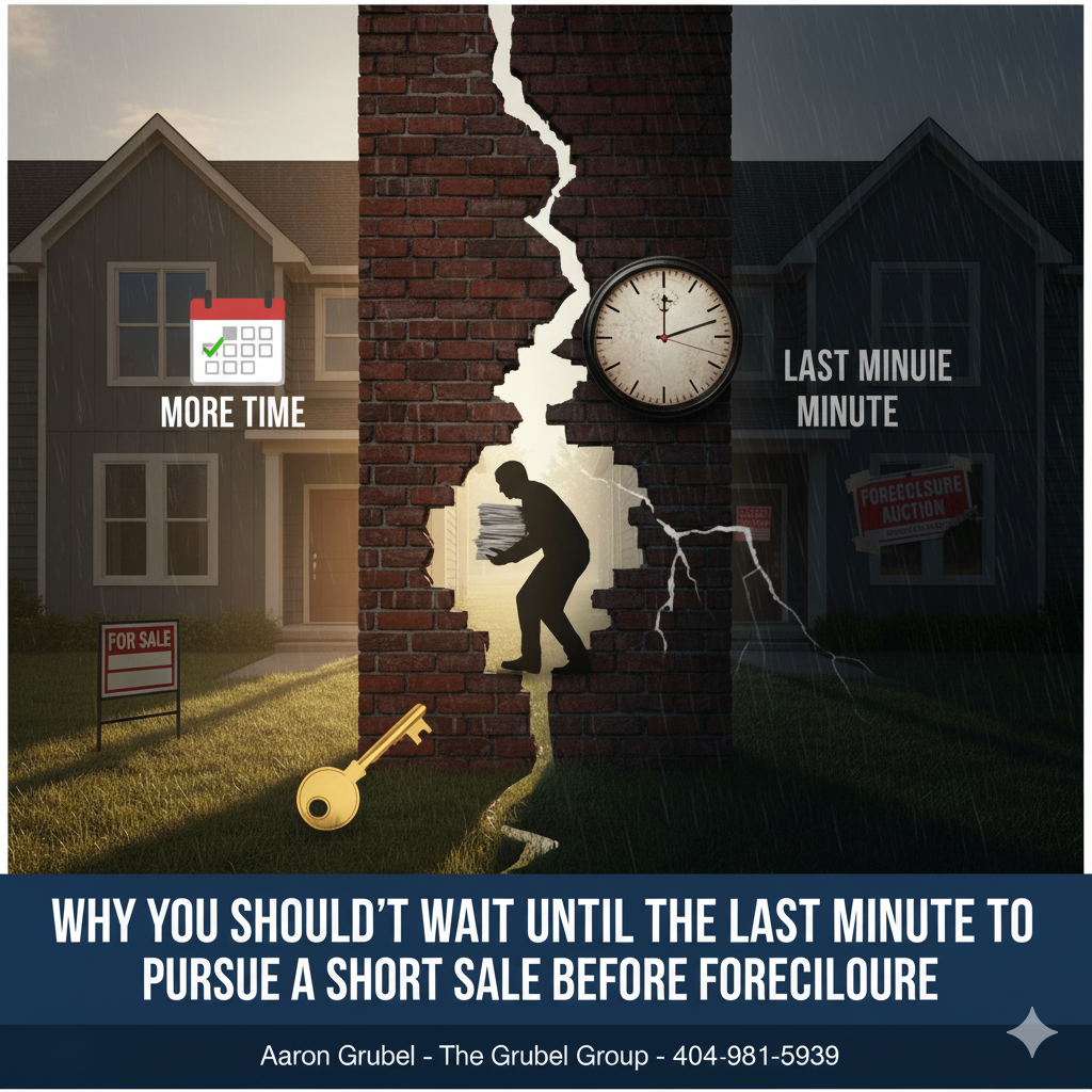 A split image depicting the contrast between early action and procrastination in a short sale before foreclosure. On the left, a sunny house with a 'For Sale' sign, a calendar showing 'More Time,' and a golden key, symbolizing proactive measures. On the right, a dark, rainy house with a 'Foreclosure Auction' sign, a clock indicating 'Last Minute,' and lightning, symbolizing the negative consequences of delay. In the center, a silhouetted figure carries papers through a crack in a brick wall, moving from the dark side to the light. The bottom text reads 'Why You Shouldn't Wait Until the Last Minute to Pursue a Short Sale Before Foreclosure' with contact information for Aaron Grubel - The Grubel Group