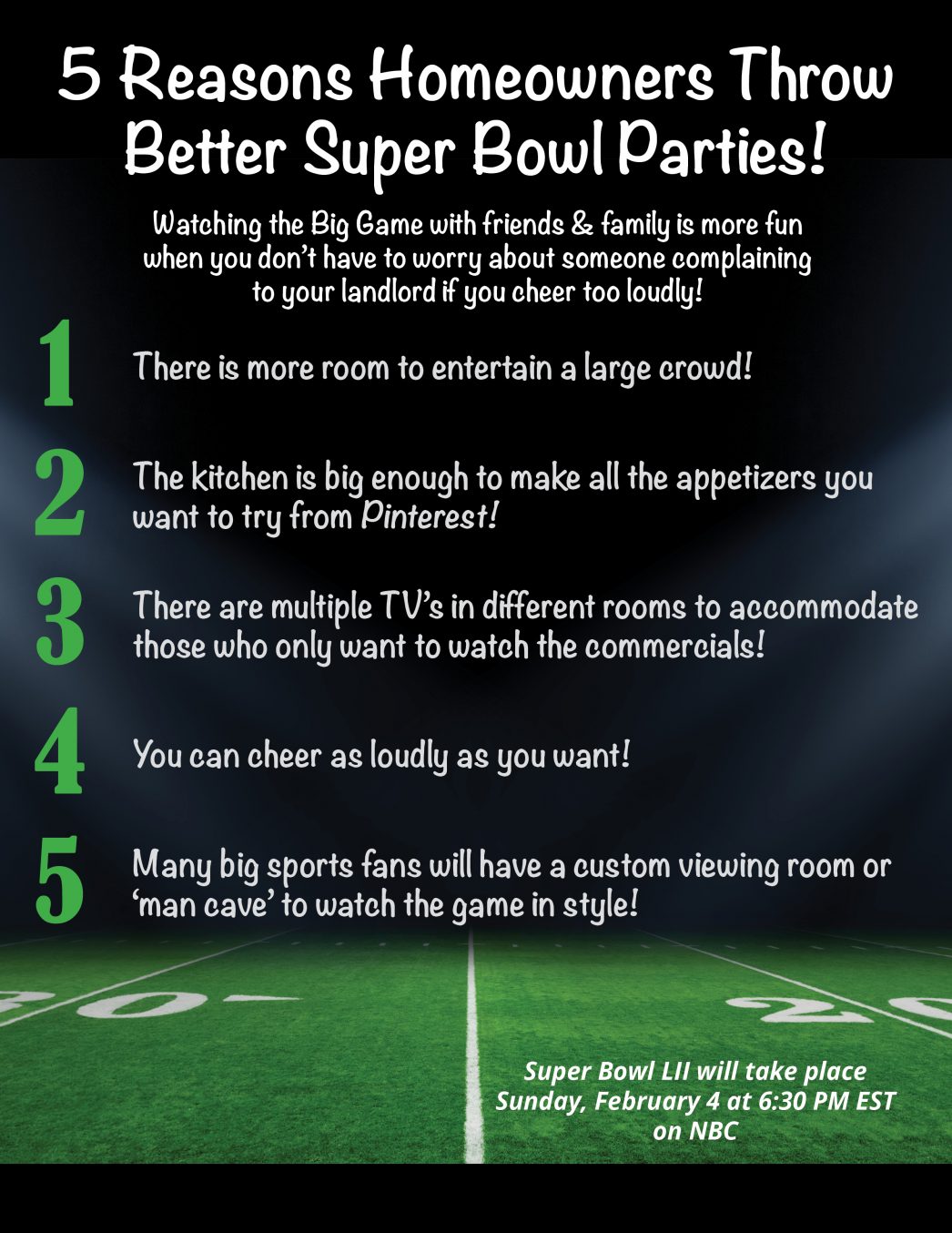 5 Reasons Homeowners Can Throw Better Super Bowl Parties! [INFOGRAPHIC] header image.