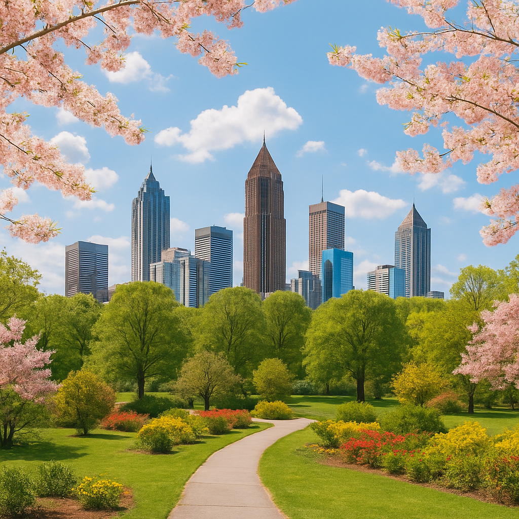 A vibrant Atlanta neighborhood in spring with blooming trees and charming homes, illustrating the city’s active real estate market in 2025.