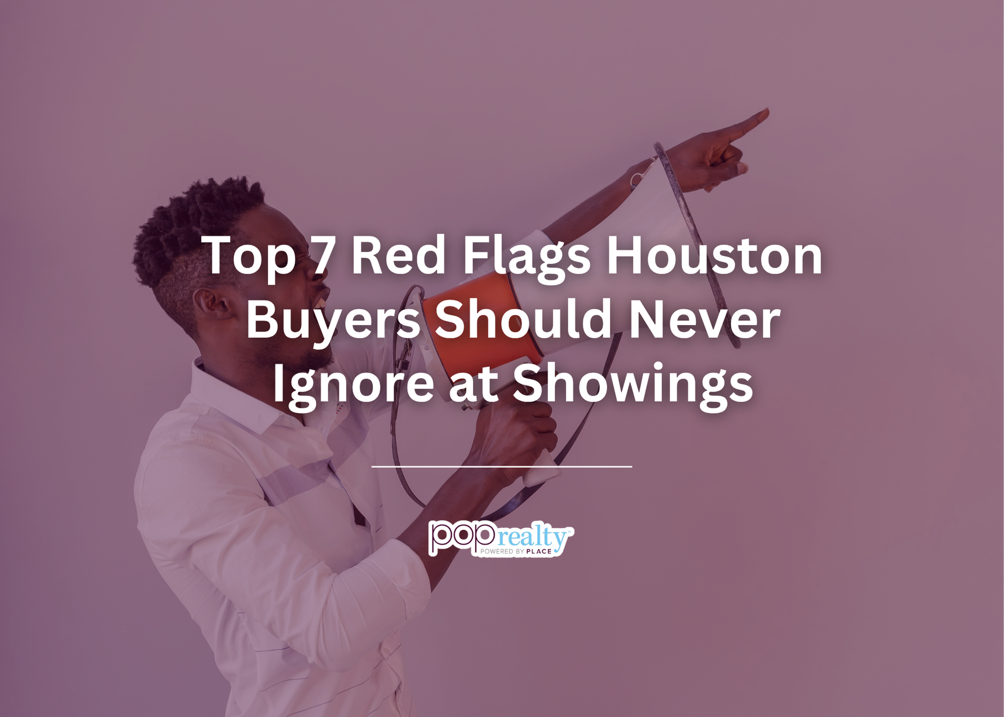Real estate agent using a megaphone and pointing to highlight red flags during a home showing
