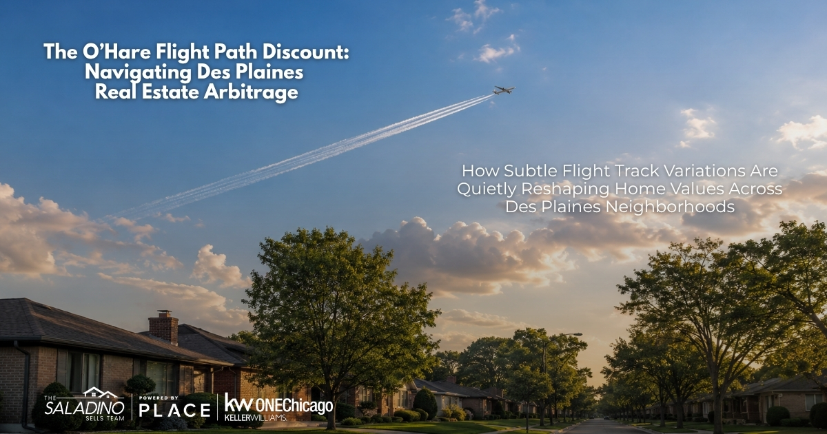 An airplane leaving a vapor trail flies over a quiet residential street of suburban houses in Des Plaines. Text overlays read: The O’Hare Flight Path Discount: Navigating Des Plaines Real Estate Arbitrage.