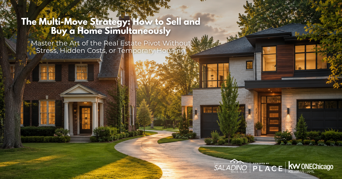 Blog banner for The Saladino Sells Team titled The Multi-Move Strategy: How to Sell and Buy a Home Simultaneously. The image features a side-by-side view of a classic brick home and a modern luxury home connected by a winding sunlit driveway, representing the transition of moving. Keller Williams ONEChicago branding is visible.